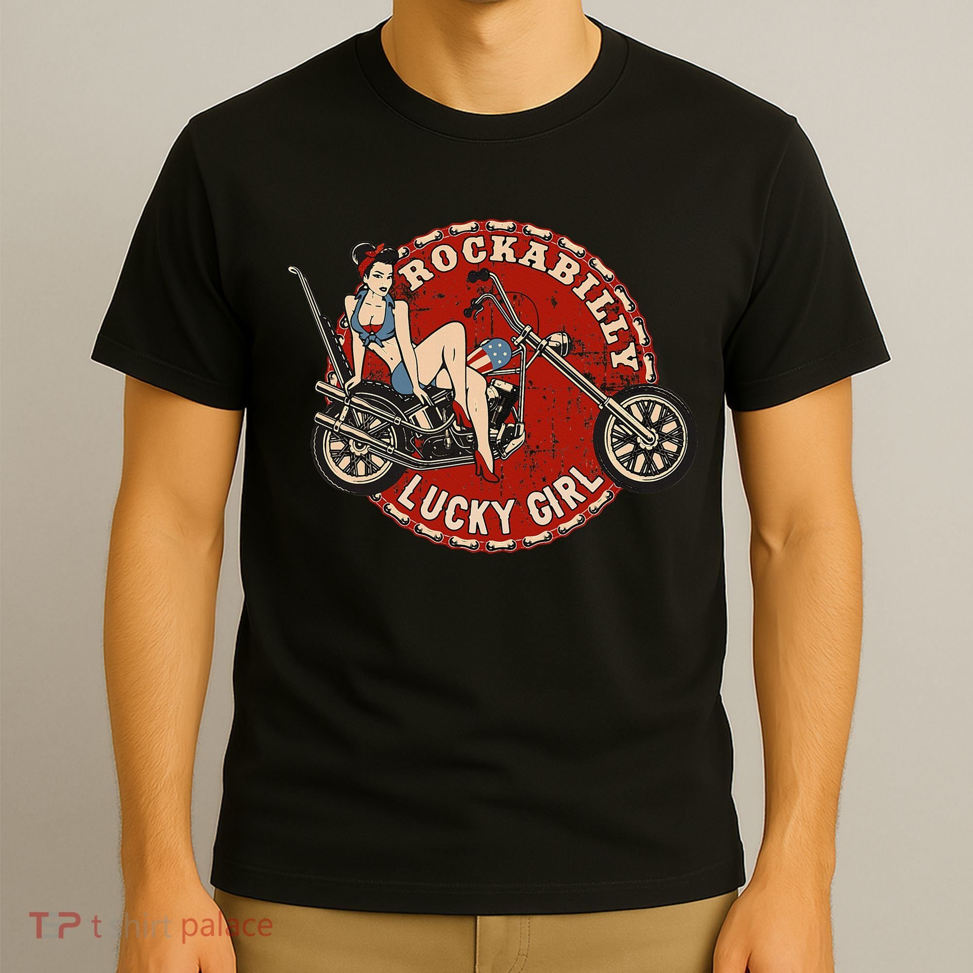 Motorcycle Pinup Girl Old School Rockabilly Lucky Girl T-Shirt