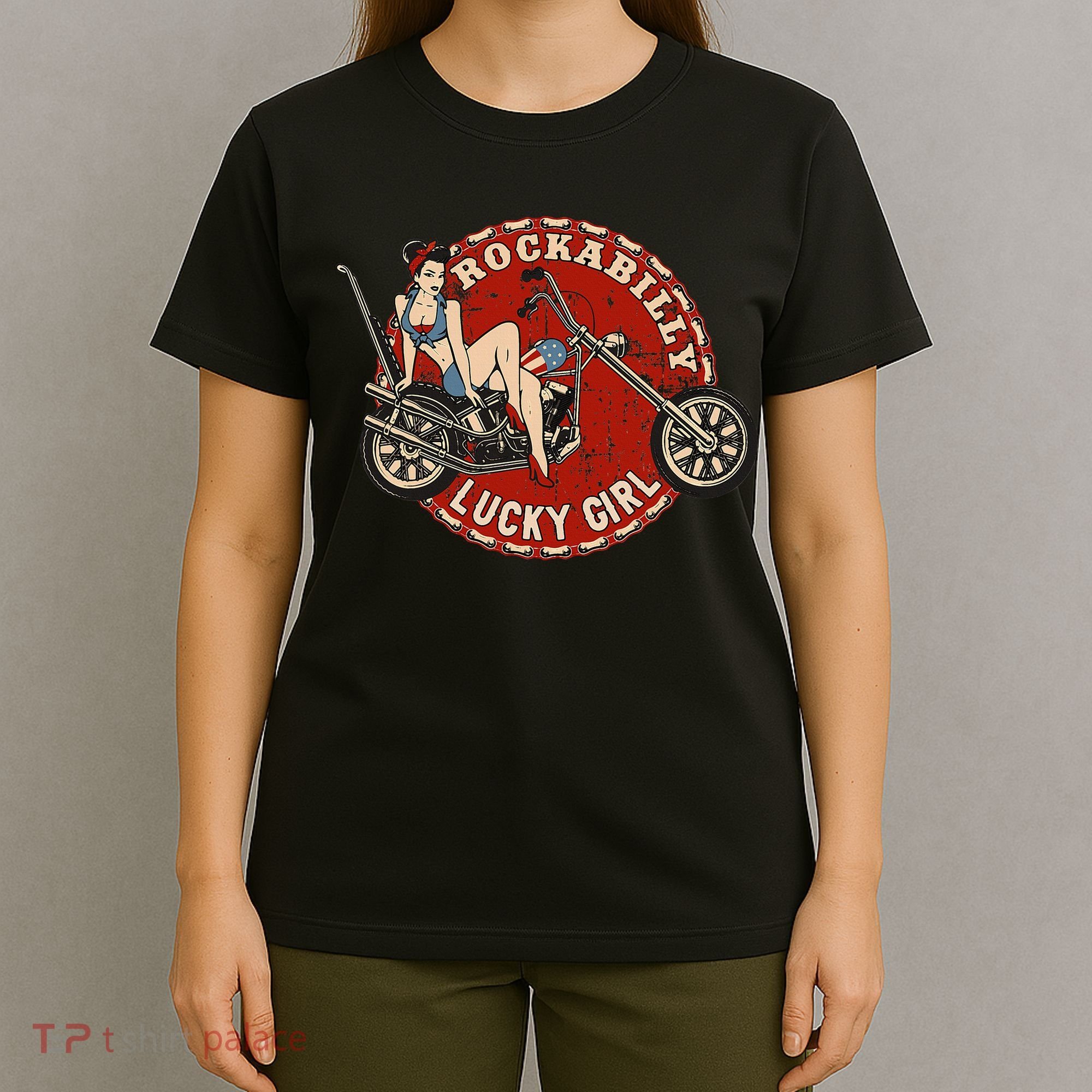 Motorcycle Pinup Girl Old School Rockabilly Lucky Girl T-Shirt