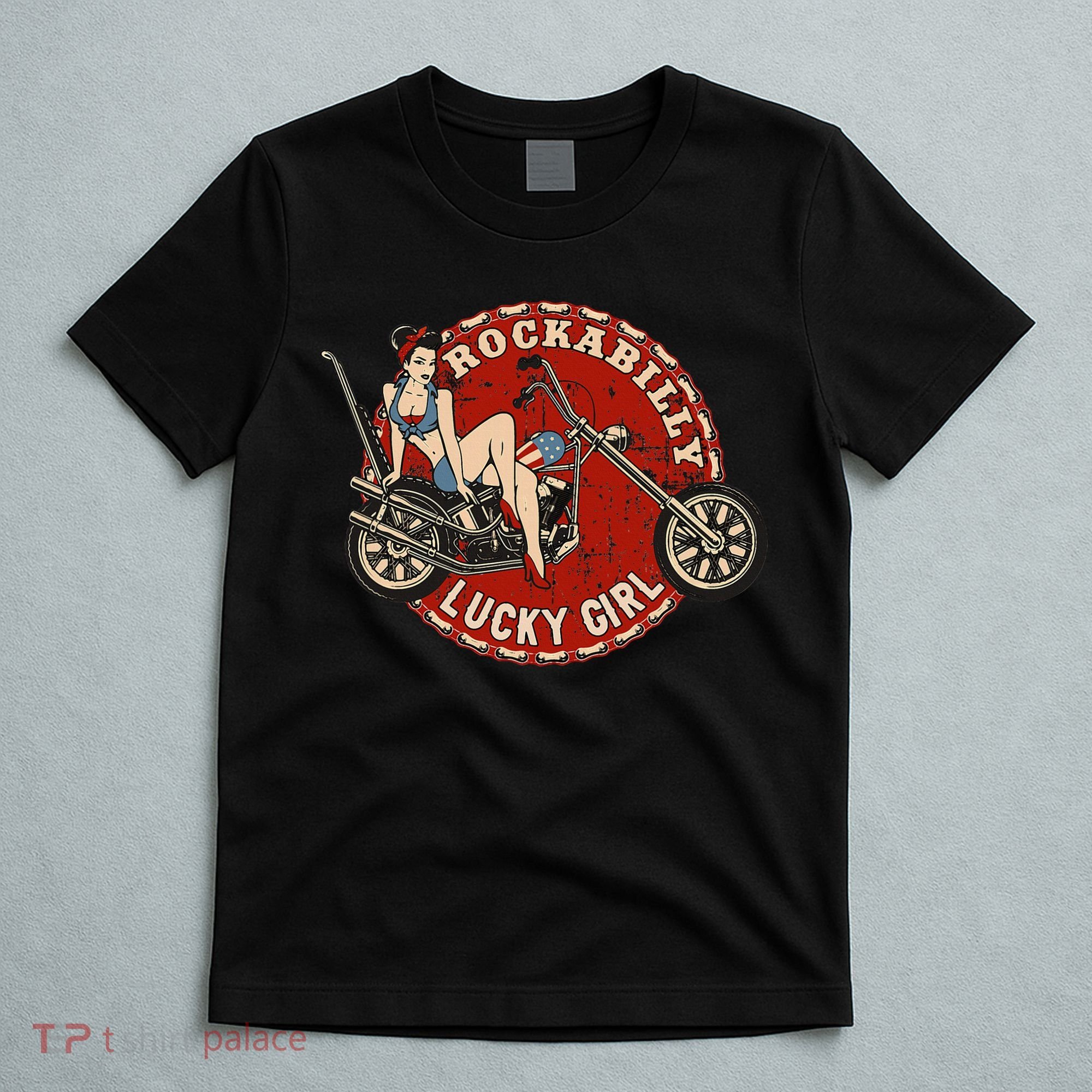 Motorcycle Pinup Girl Old School Rockabilly Lucky Girl T-Shirt