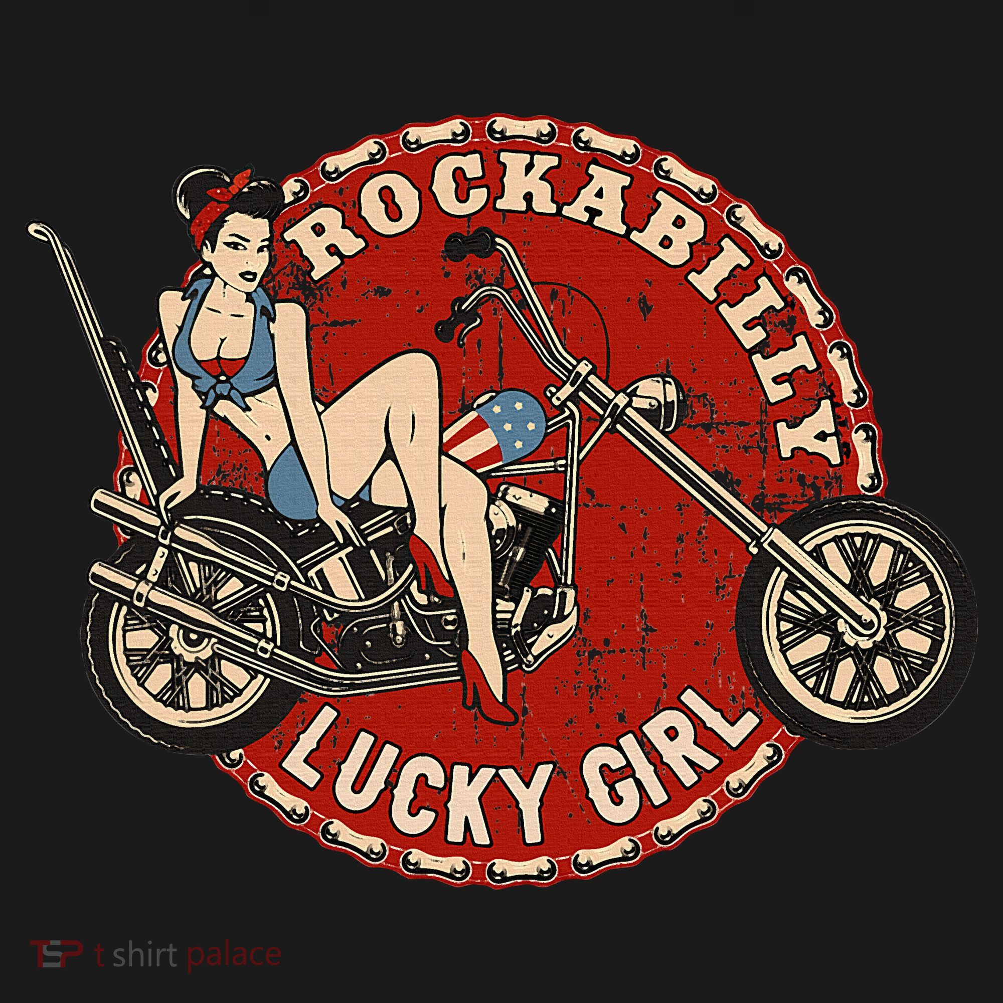 Motorcycle Pinup Girl Old School Rockabilly Lucky Girl T-Shirt