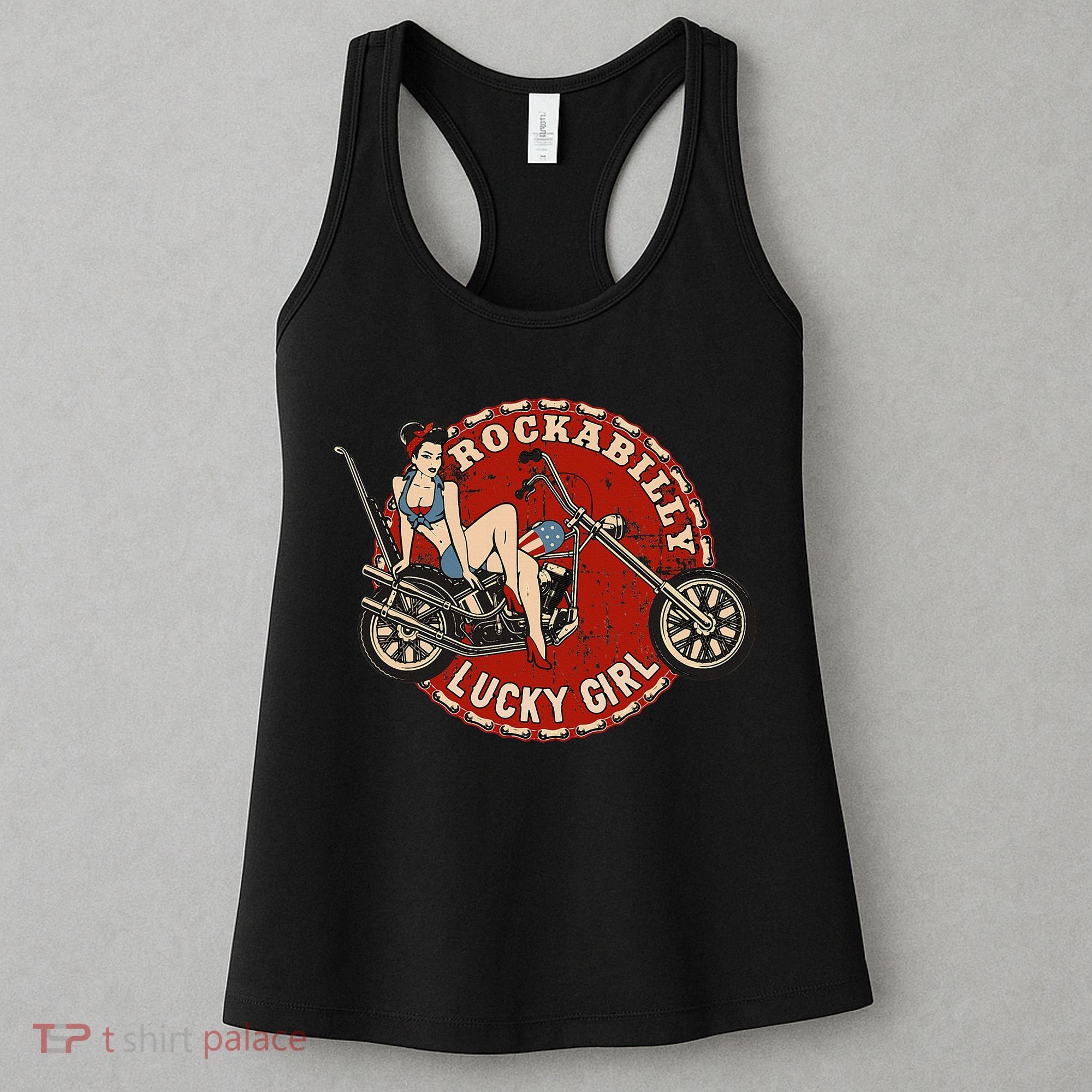 Motorcycle Pinup Girl Old School Rockabilly Lucky Girl Women's Tank Top