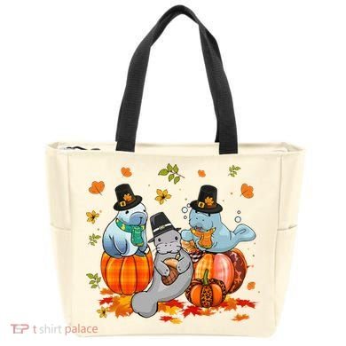 Manatee Pumpkin Leopard Buffalo Plaid Fall Thanksgiving Tote Bag