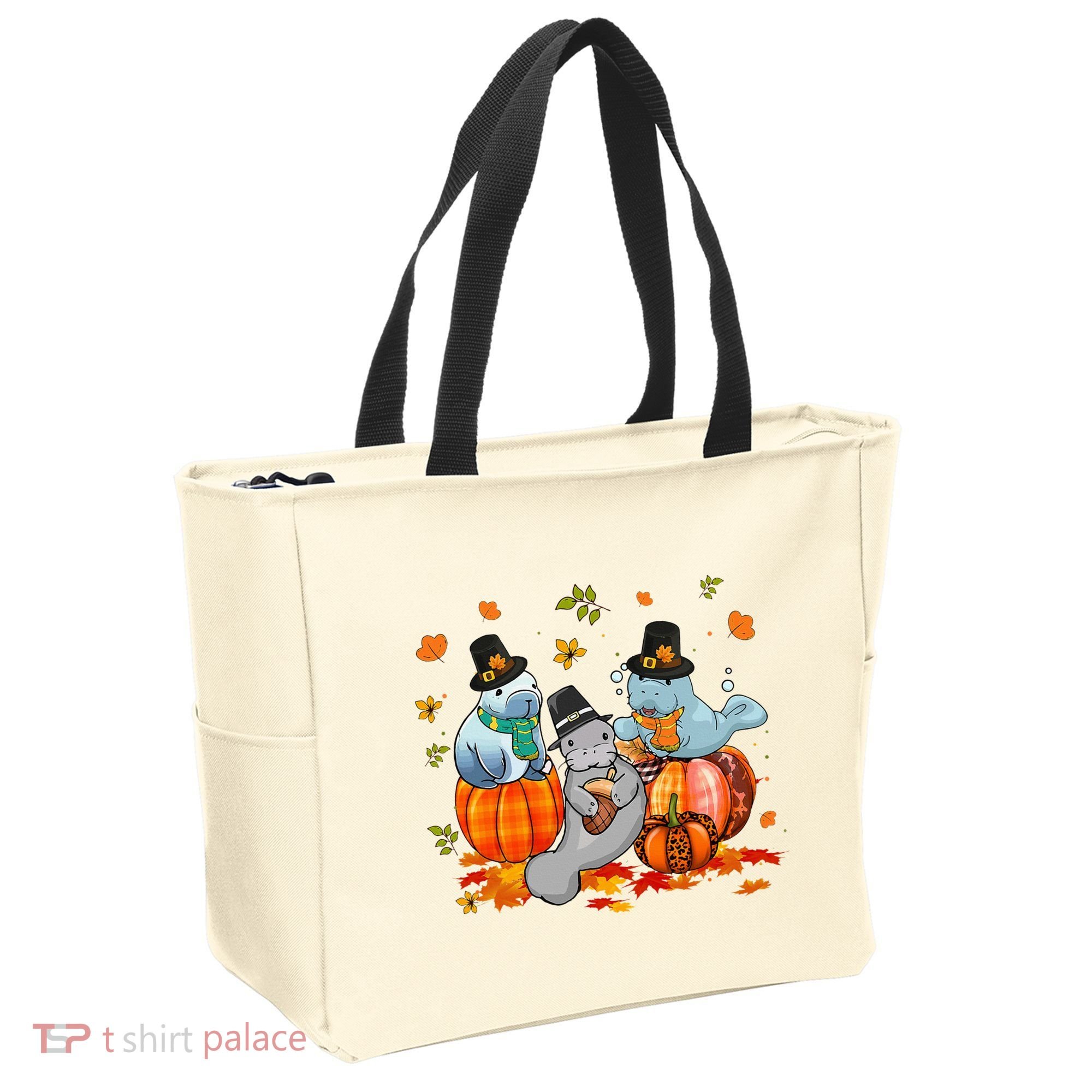 Manatee Pumpkin Leopard Buffalo Plaid Fall Thanksgiving Tote Bag