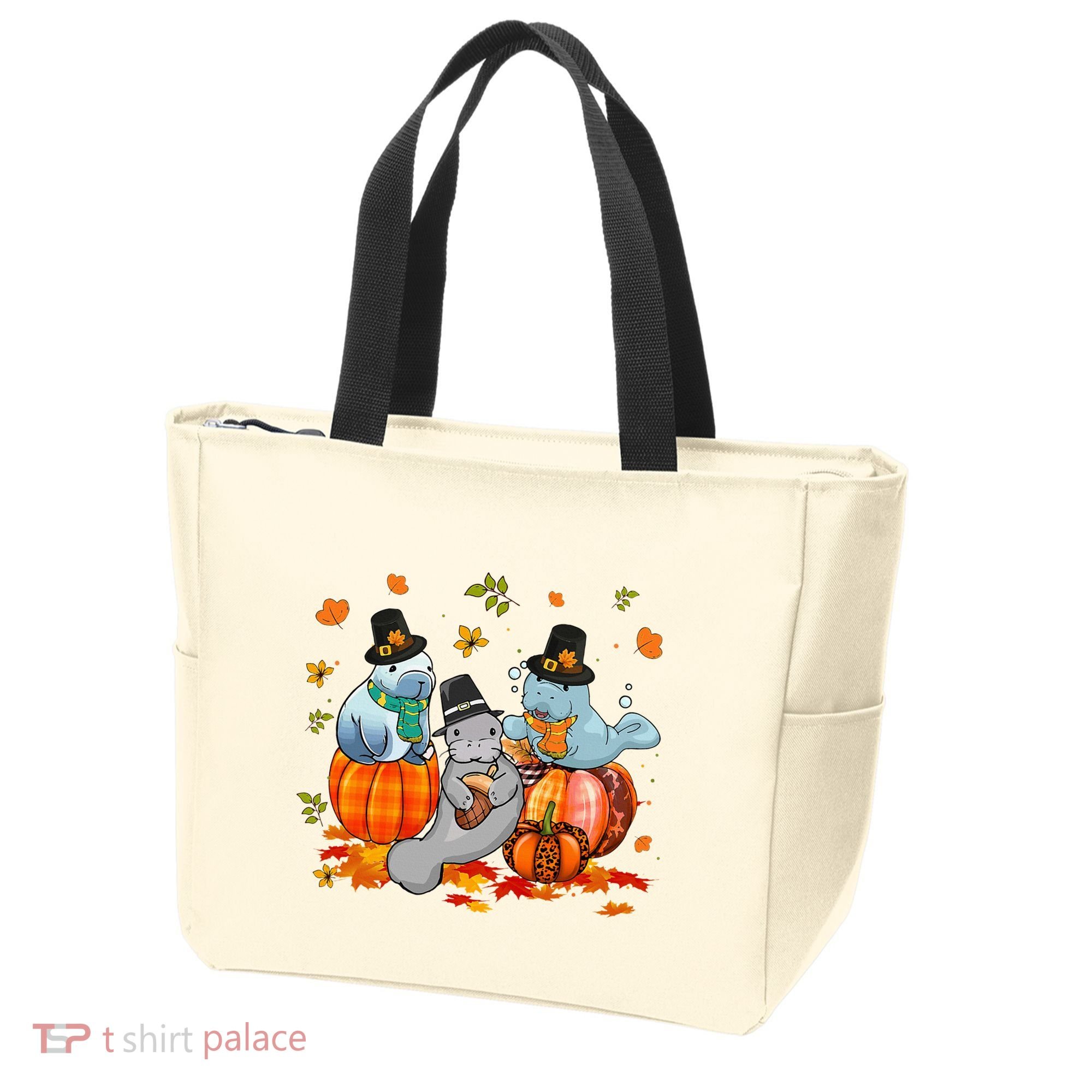 Manatee Pumpkin Leopard Buffalo Plaid Fall Thanksgiving Tote Bag