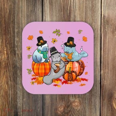 Manatee Pumpkin Leopard Buffalo Plaid Fall Thanksgiving Coaster