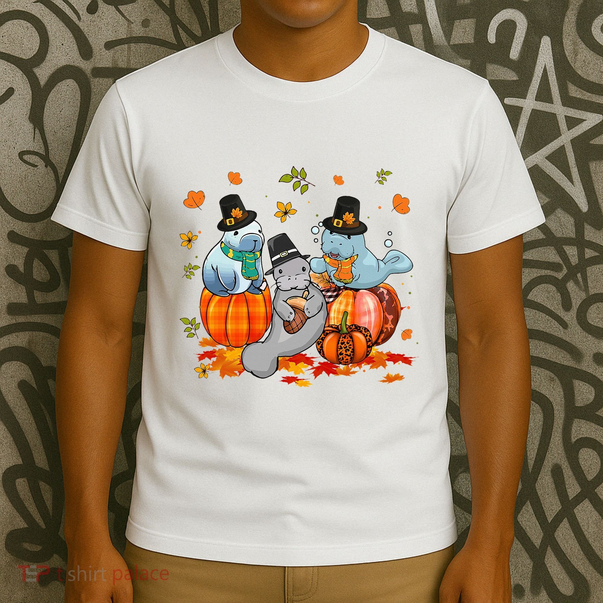 Manatee Pumpkin Leopard Buffalo Plaid Fall Thanksgiving T-Shirt
