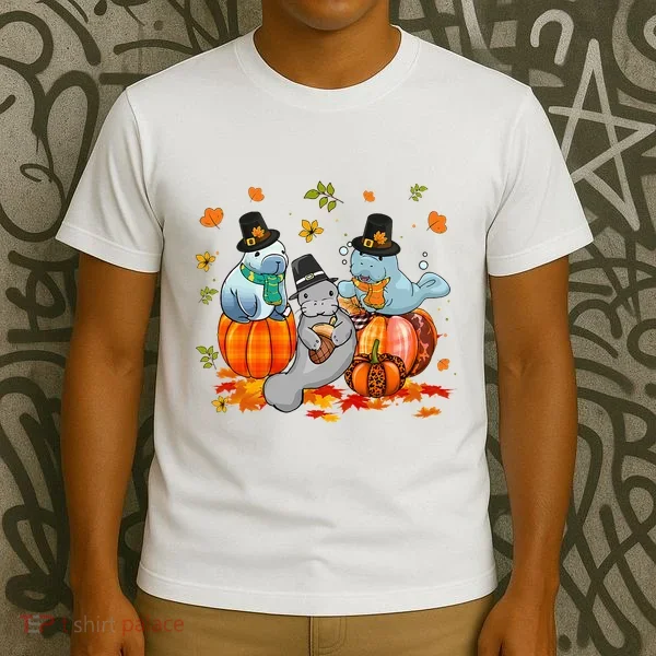 Manatee Pumpkin Leopard Buffalo Plaid Fall Thanksgiving T-Shirt
