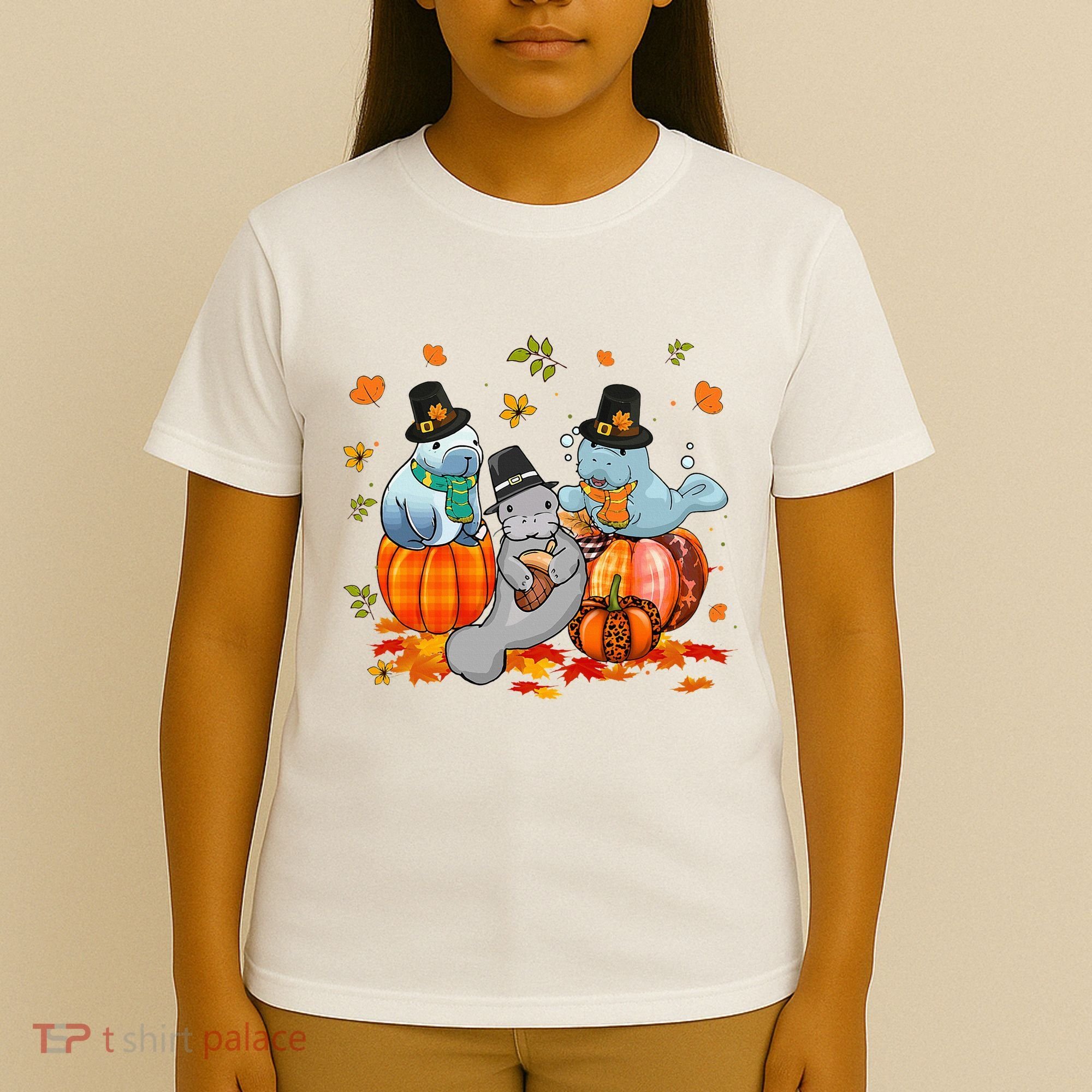 Manatee Pumpkin Leopard Buffalo Plaid Fall Thanksgiving T-Shirt