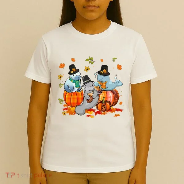 Manatee Pumpkin Leopard Buffalo Plaid Fall Thanksgiving T-Shirt