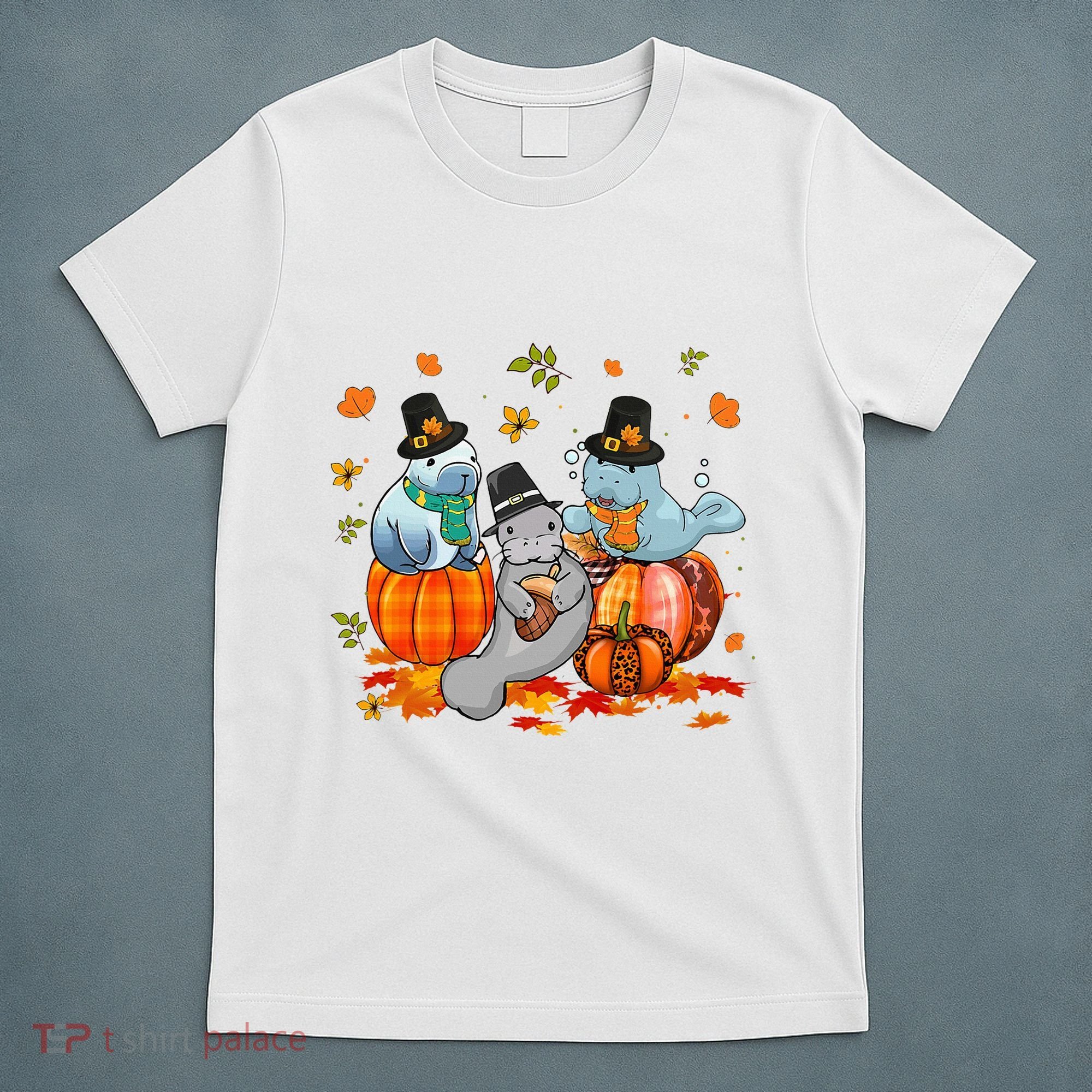 Manatee Pumpkin Leopard Buffalo Plaid Fall Thanksgiving T-Shirt