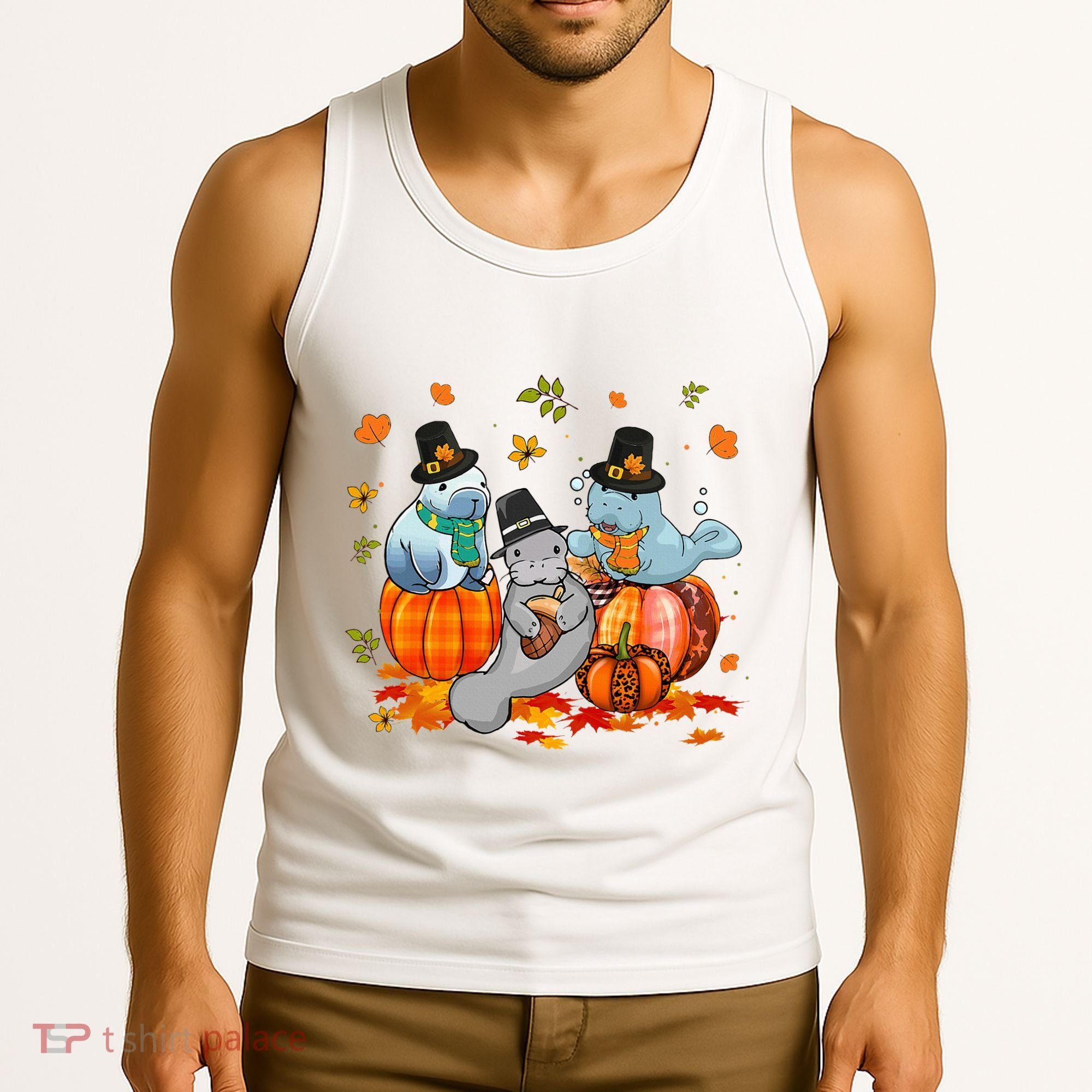 Manatee Pumpkin Leopard Buffalo Plaid Fall Thanksgiving Tank Top