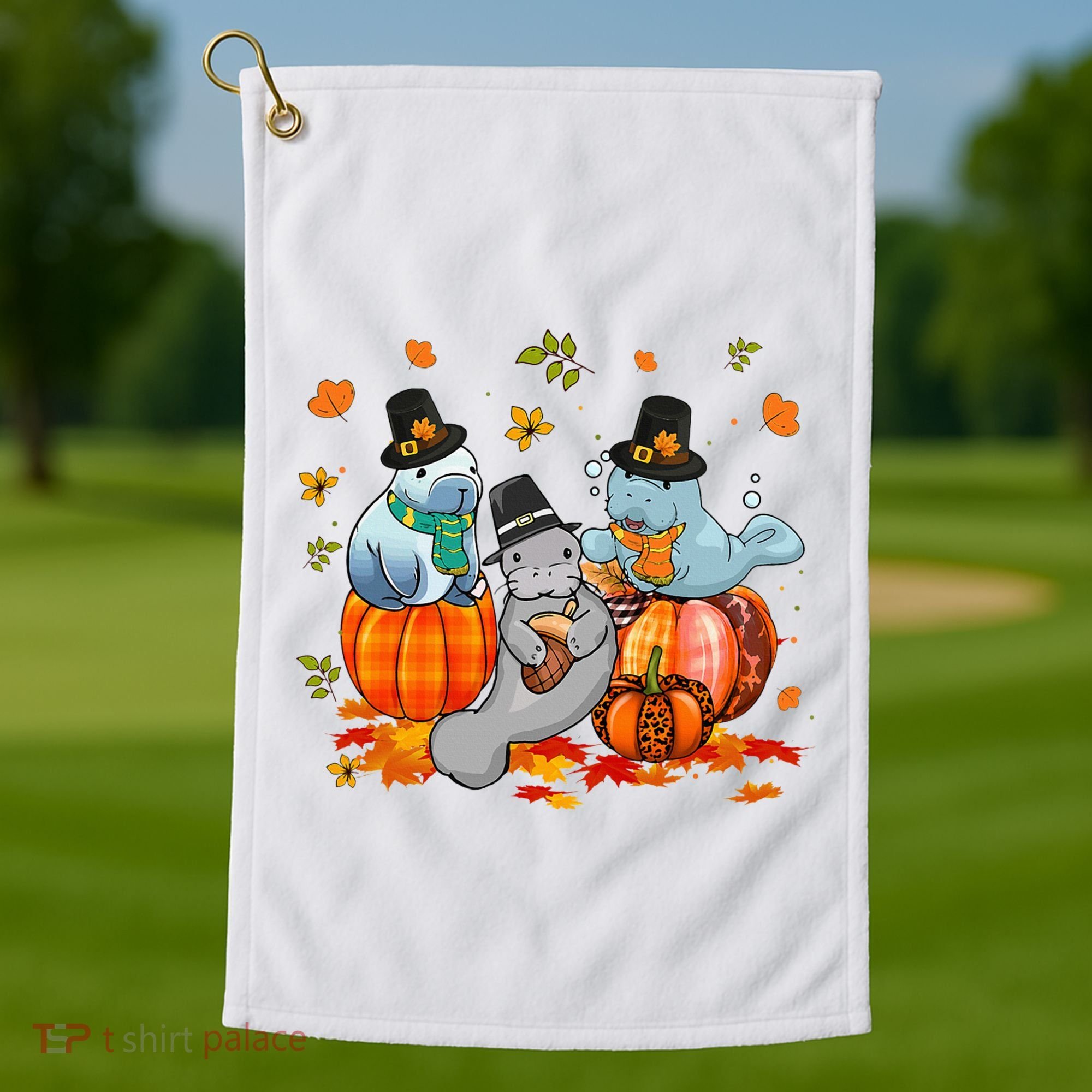 Manatee Pumpkin Leopard Buffalo Plaid Fall Thanksgiving Golf Towel