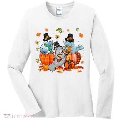 Manatee Pumpkin Leopard Buffalo Plaid Fall Thanksgiving Women's Long Sleeve Shirt