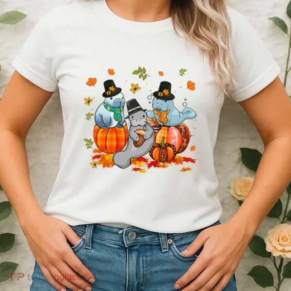 Manatee Pumpkin Leopard Buffalo Plaid Fall Thanksgiving Women's T-Shirt