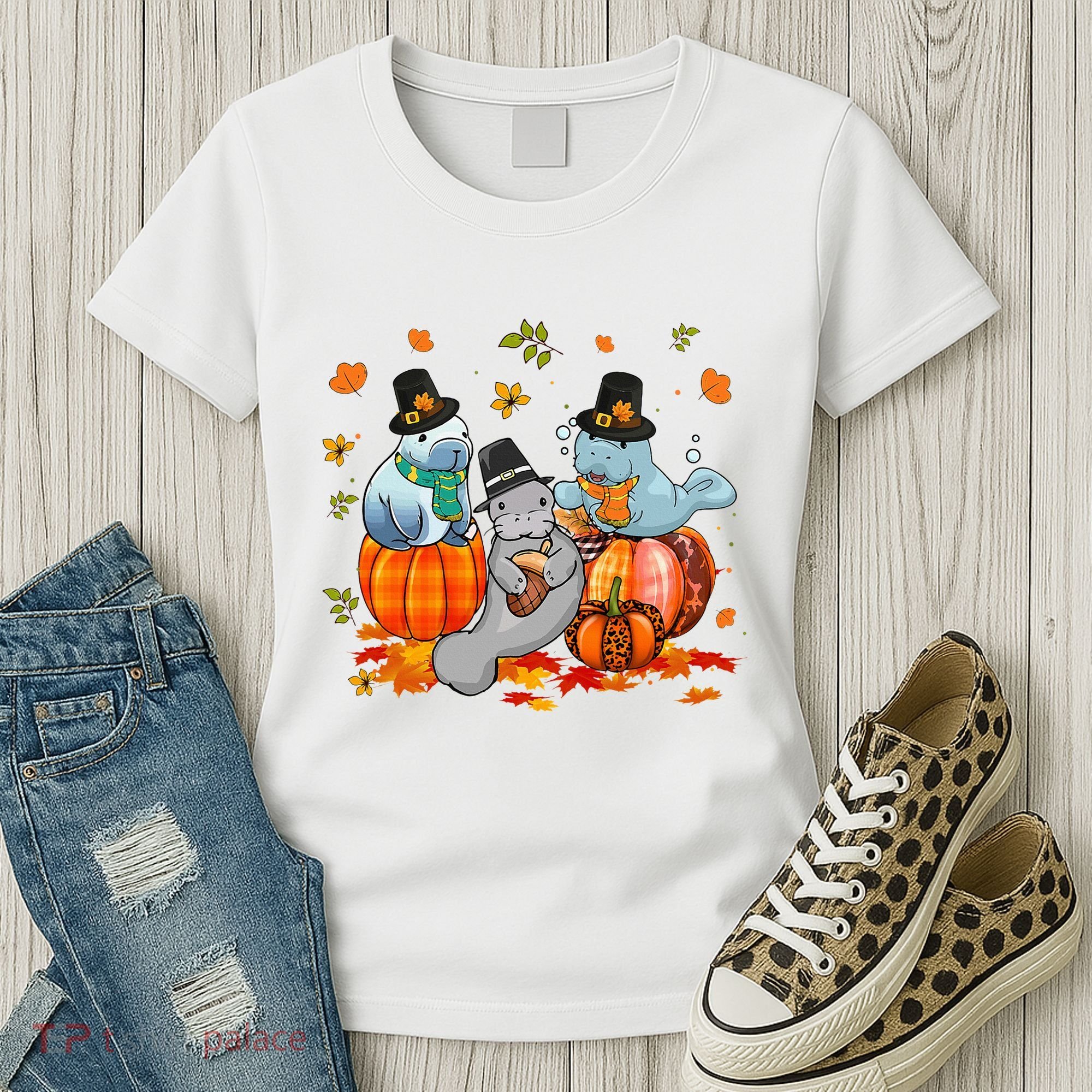 Manatee Pumpkin Leopard Buffalo Plaid Fall Thanksgiving Women's T-Shirt
