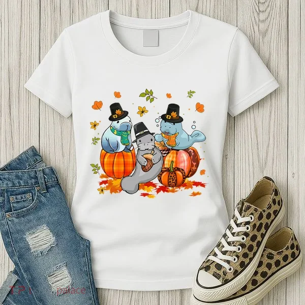Manatee Pumpkin Leopard Buffalo Plaid Fall Thanksgiving Women's T-Shirt