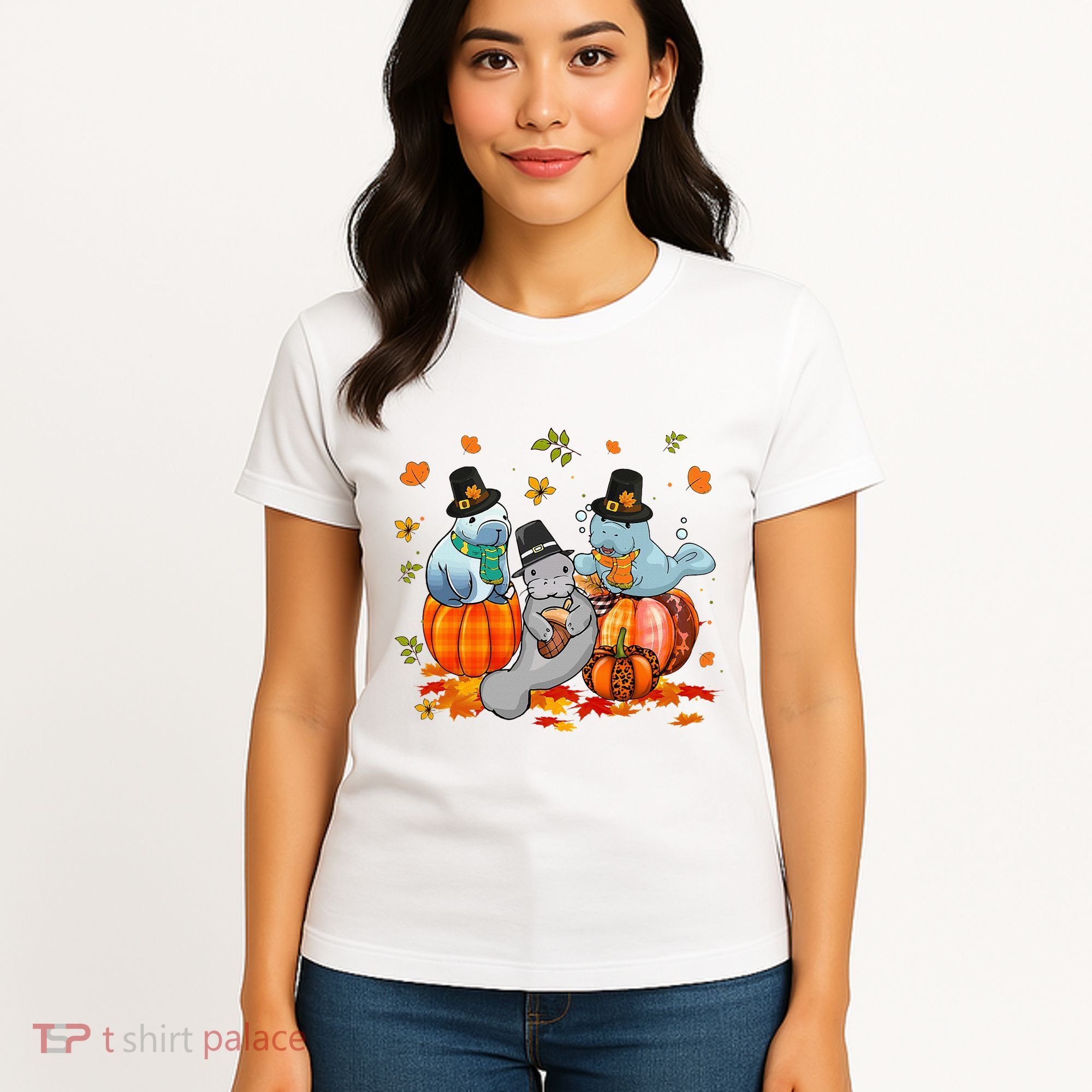 Manatee Pumpkin Leopard Buffalo Plaid Fall Thanksgiving Women's T-Shirt