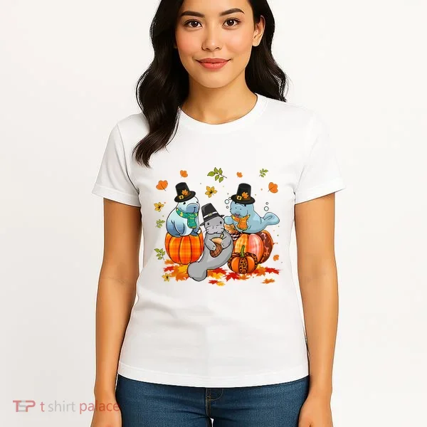 Manatee Pumpkin Leopard Buffalo Plaid Fall Thanksgiving Women's T-Shirt