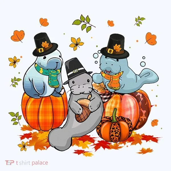 Manatee Pumpkin Leopard Buffalo Plaid Fall Thanksgiving Women's T-Shirt