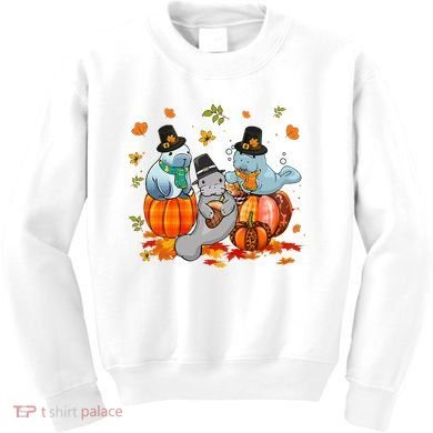 Manatee Pumpkin Leopard Buffalo Plaid Fall Thanksgiving Kids Sweatshirt