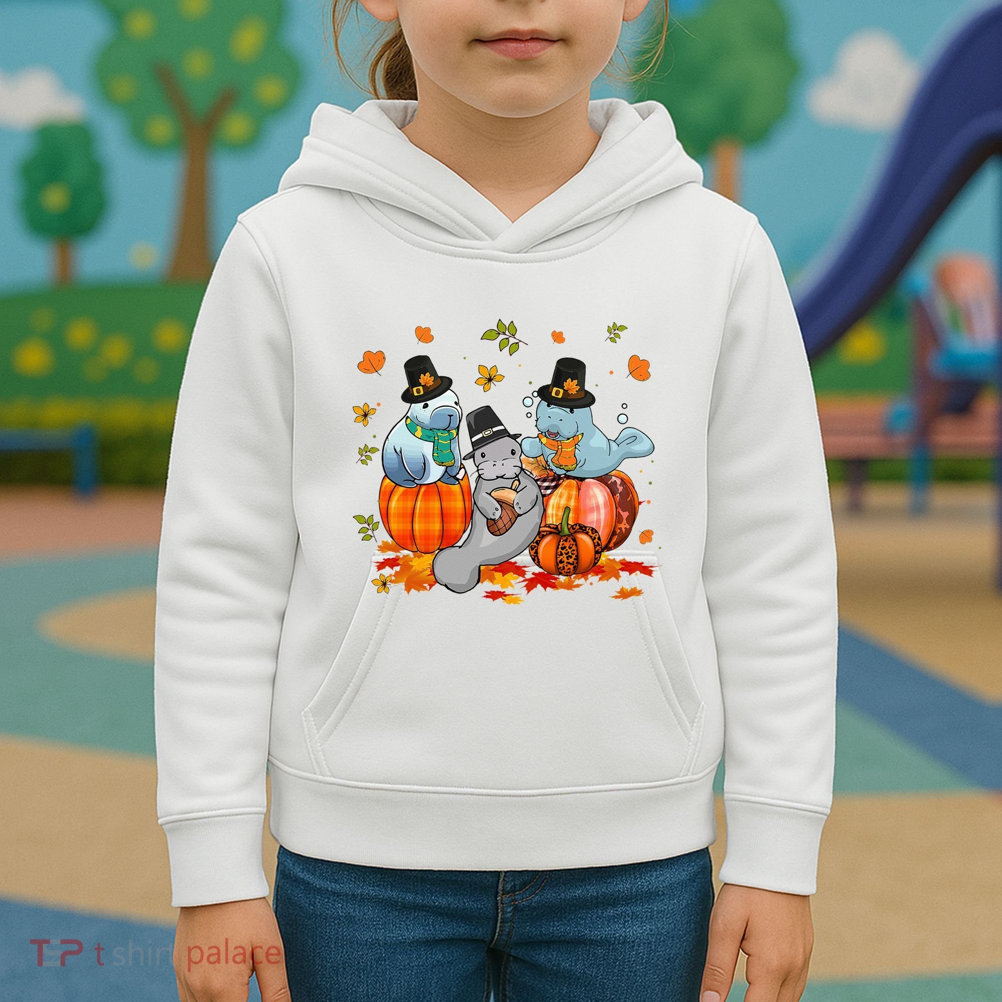 Manatee Pumpkin Leopard Buffalo Plaid Fall Thanksgiving Kids Hoodie