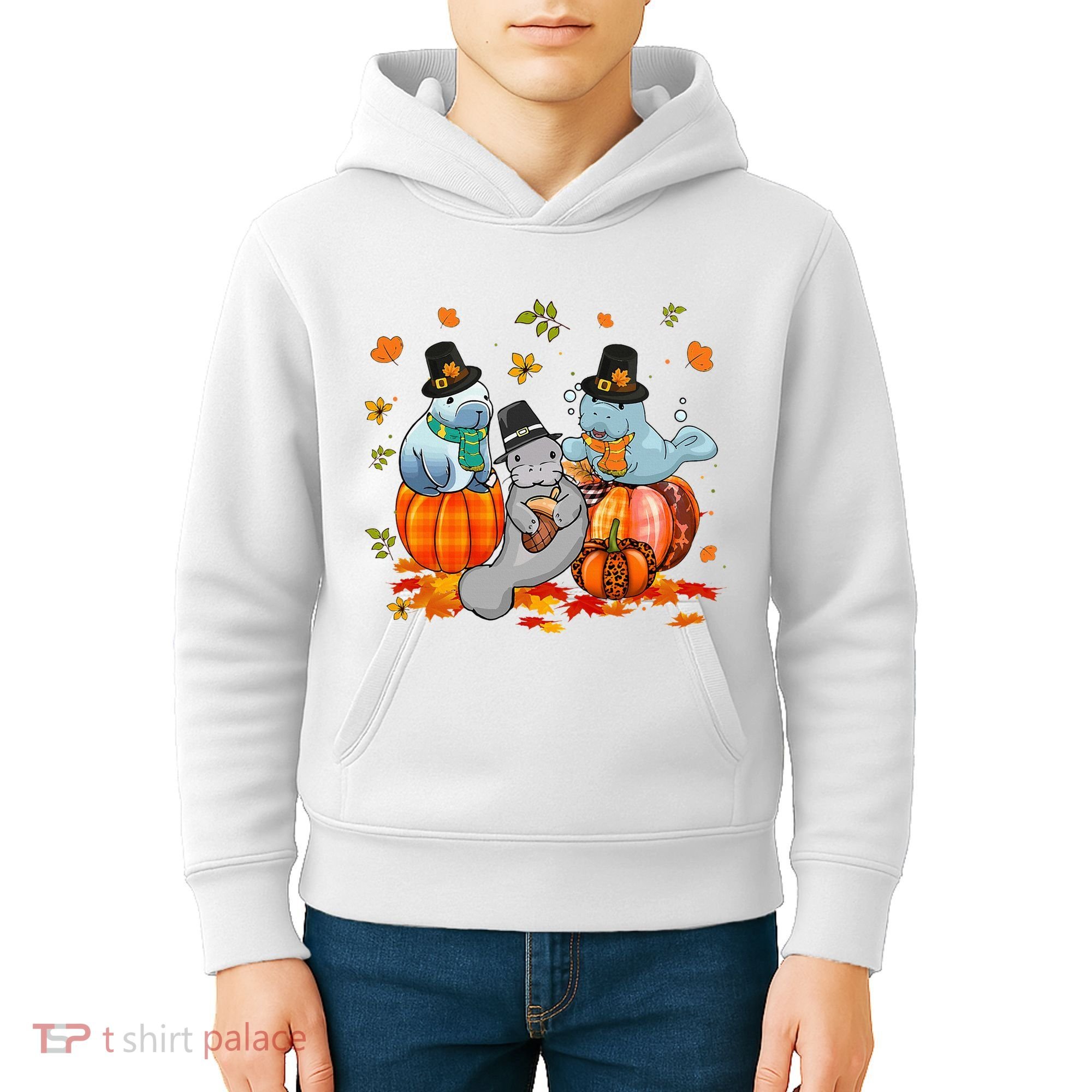 Manatee Pumpkin Leopard Buffalo Plaid Fall Thanksgiving Kids Hoodie