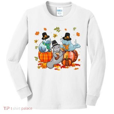 Manatee Pumpkin Leopard Buffalo Plaid Fall Thanksgiving Kids Long Sleeve Shirt