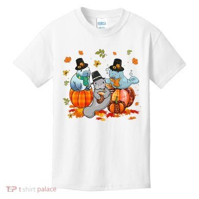 Manatee Pumpkin Leopard Buffalo Plaid Fall Thanksgiving Kids T-Shirt