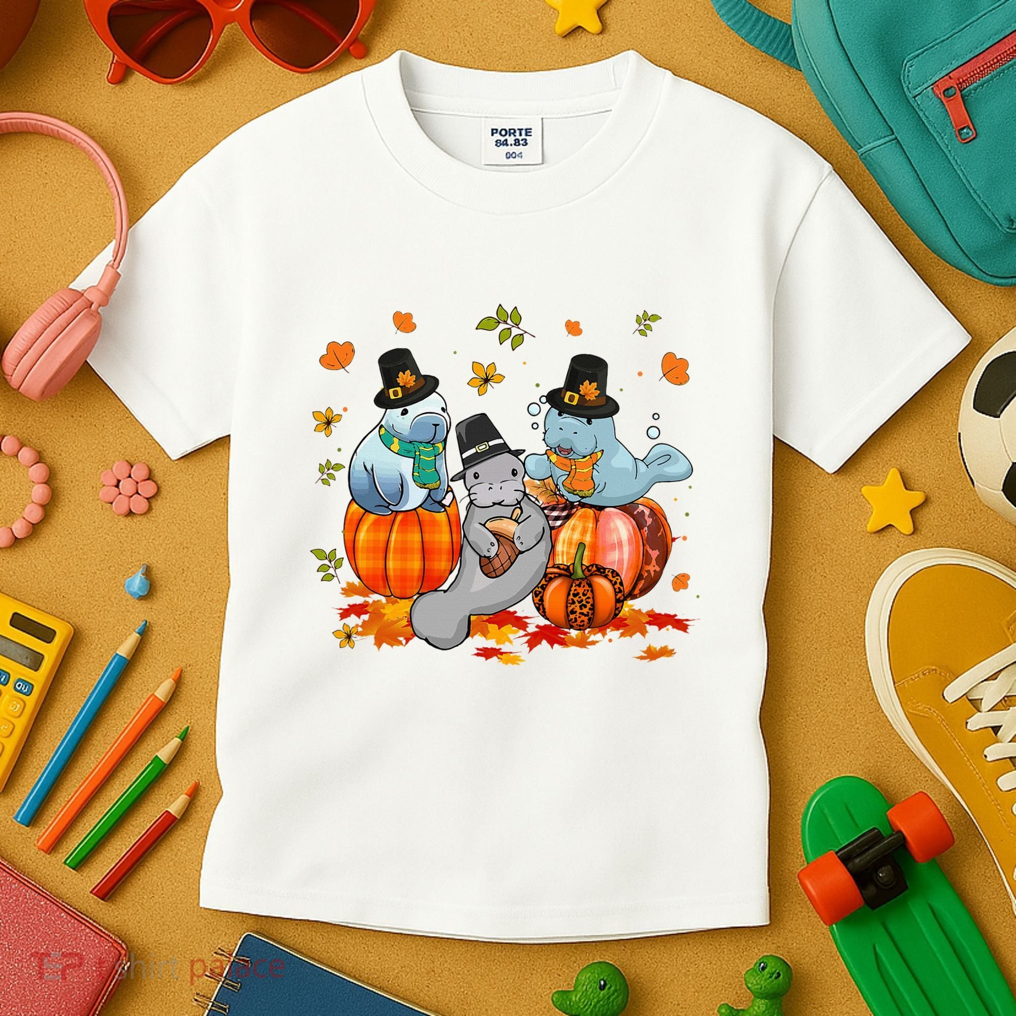 Manatee Pumpkin Leopard Buffalo Plaid Fall Thanksgiving Kids T-Shirt