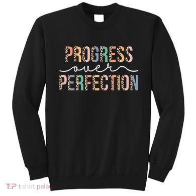 Motivational Progress Over Perfection Leopard Print Teacher Sweatshirt