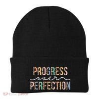 Motivational Progress Over Perfection Leopard Print Teacher Beanie thumb 0