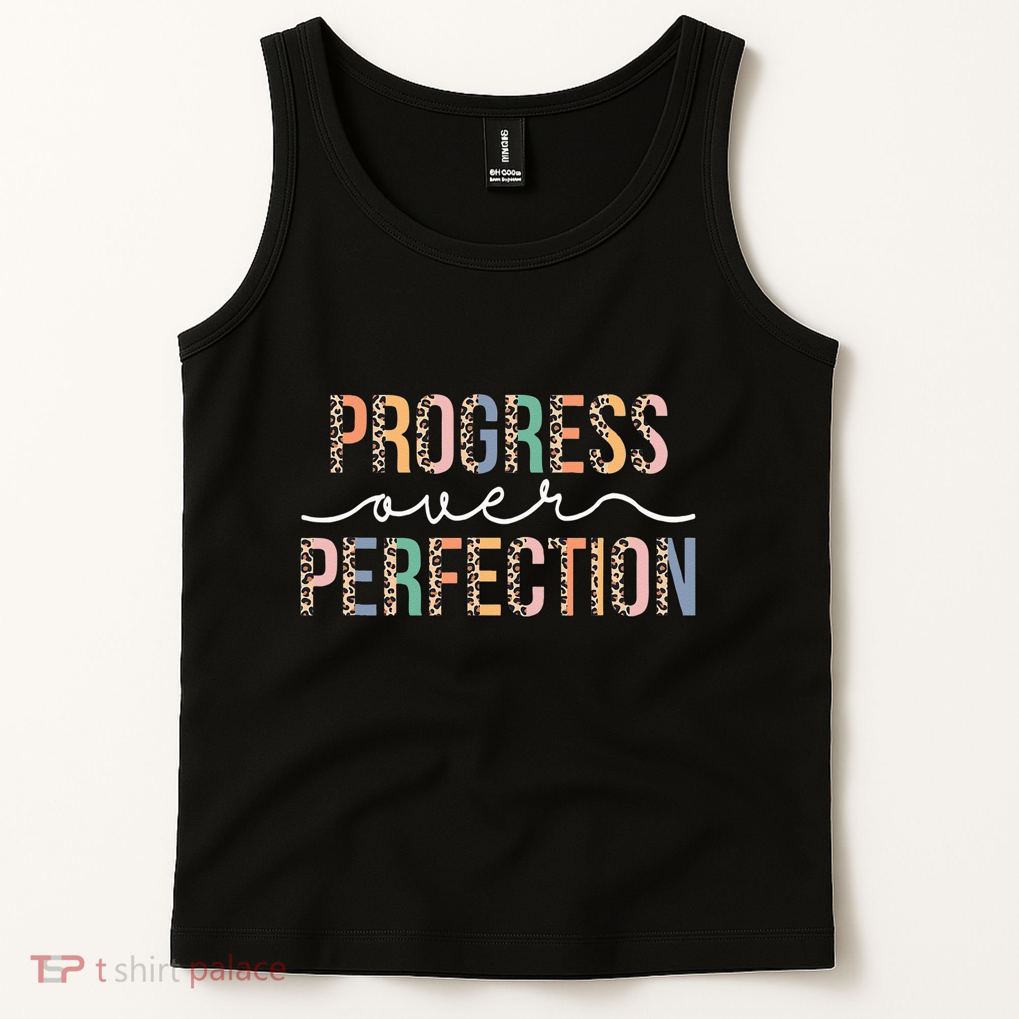 Motivational Progress Over Perfection Leopard Print Teacher Tank Top