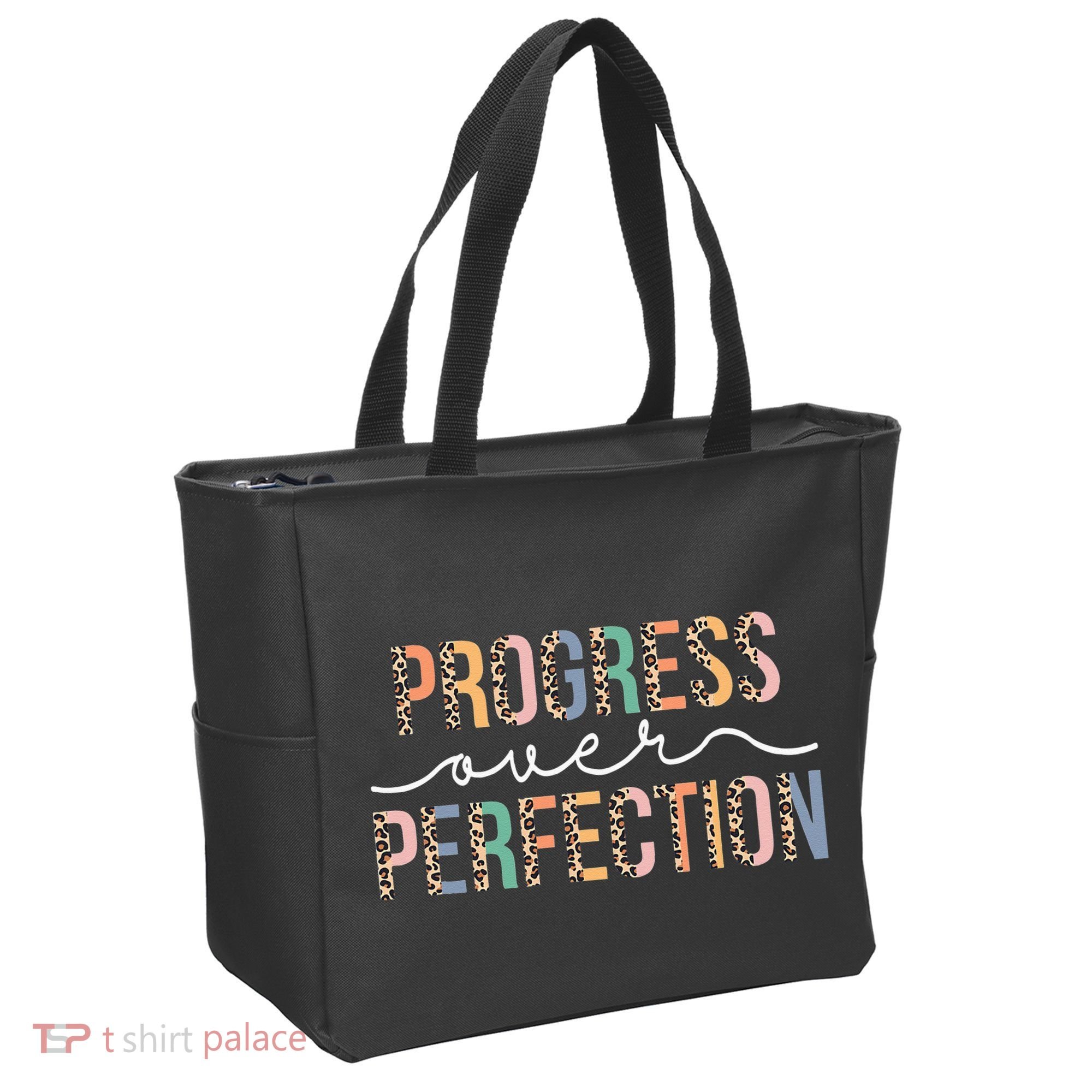 Motivational Progress Over Perfection Leopard Print Teacher Tote Bag