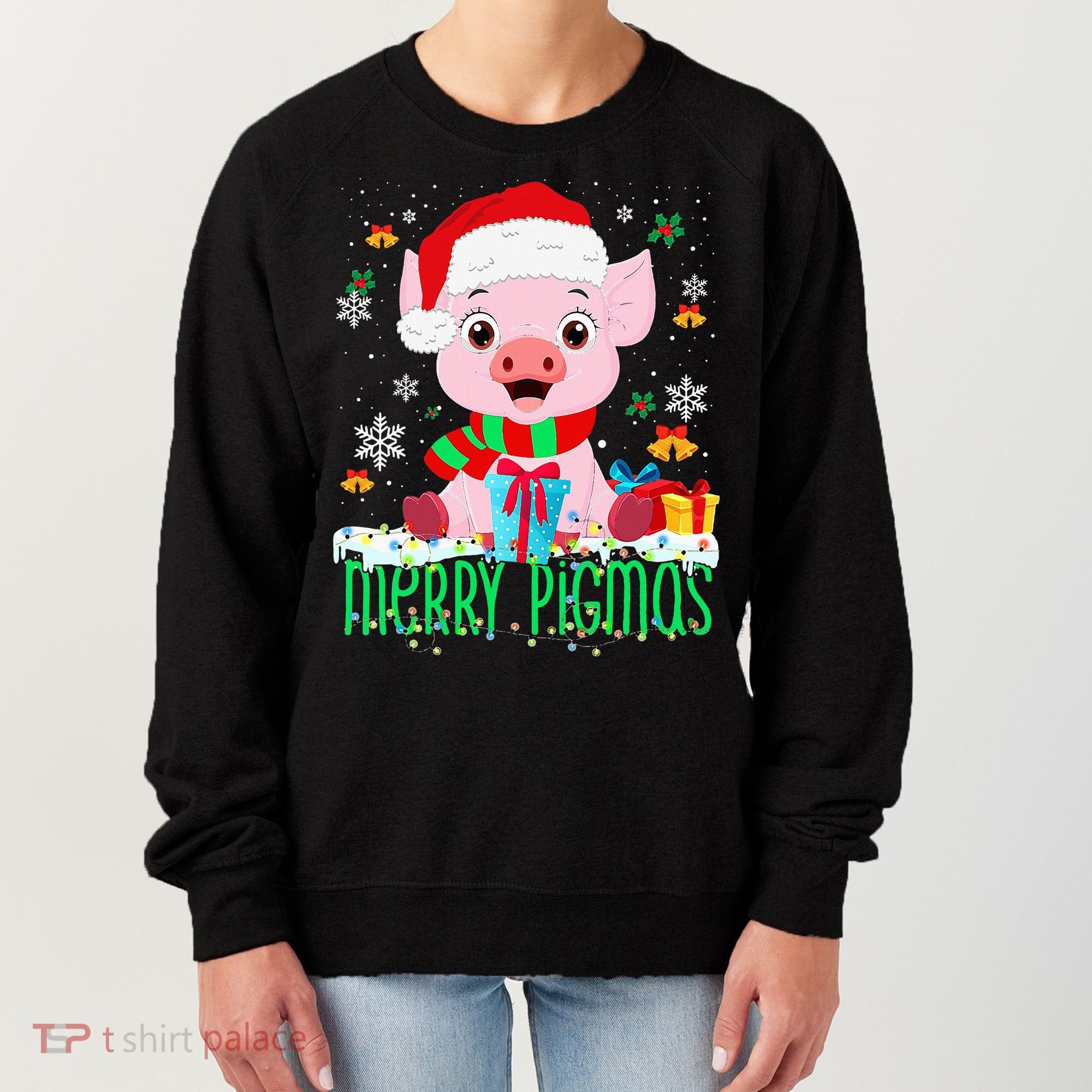 Merry Pigmas Pig Christmas Santa Hat Funny Xmas Light Farmer Women's Sweatshirt