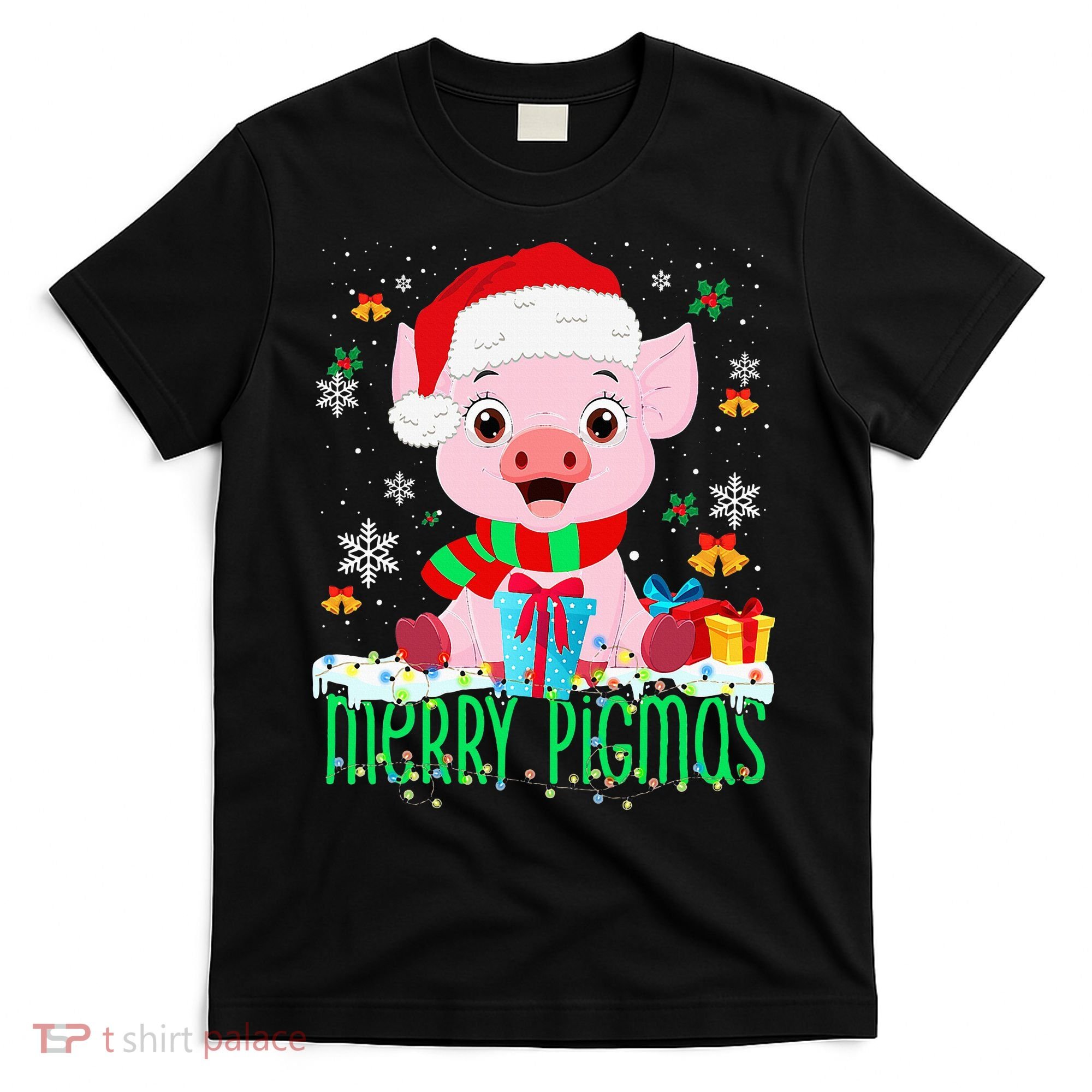 Merry Pigmas Pig Christmas Santa Hat Funny Xmas Light Farmer T-Shirt