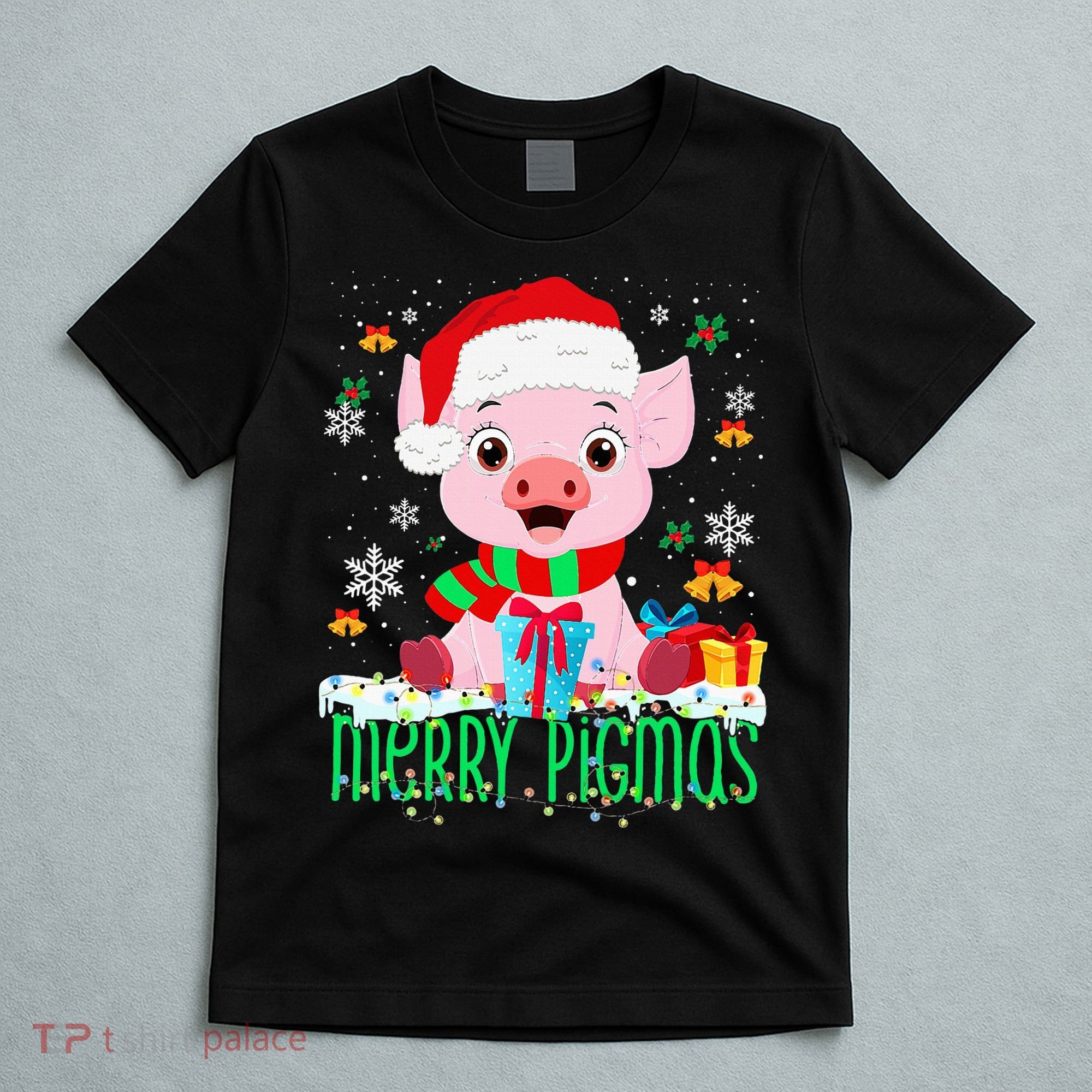 Merry Pigmas Pig Christmas Santa Hat Funny Xmas Light Farmer T-Shirt