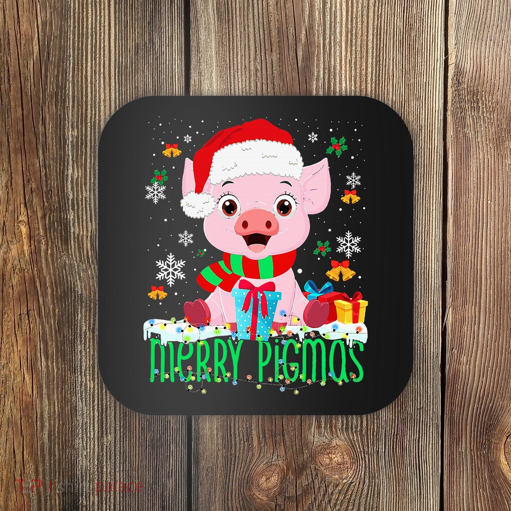 Merry Pigmas Pig Christmas Santa Hat Funny Xmas Light Farmer Coaster