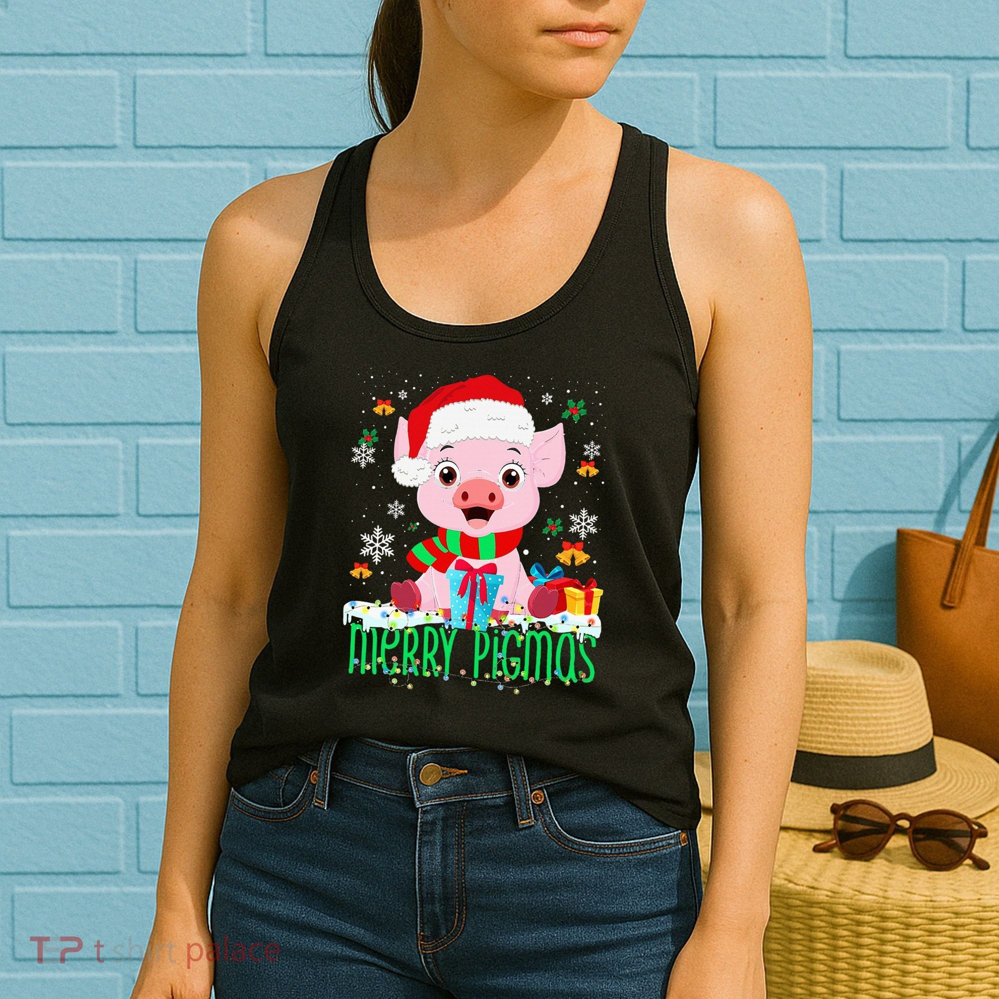 Merry Pigmas Pig Christmas Santa Hat Funny Xmas Light Farmer Women's Tank Top