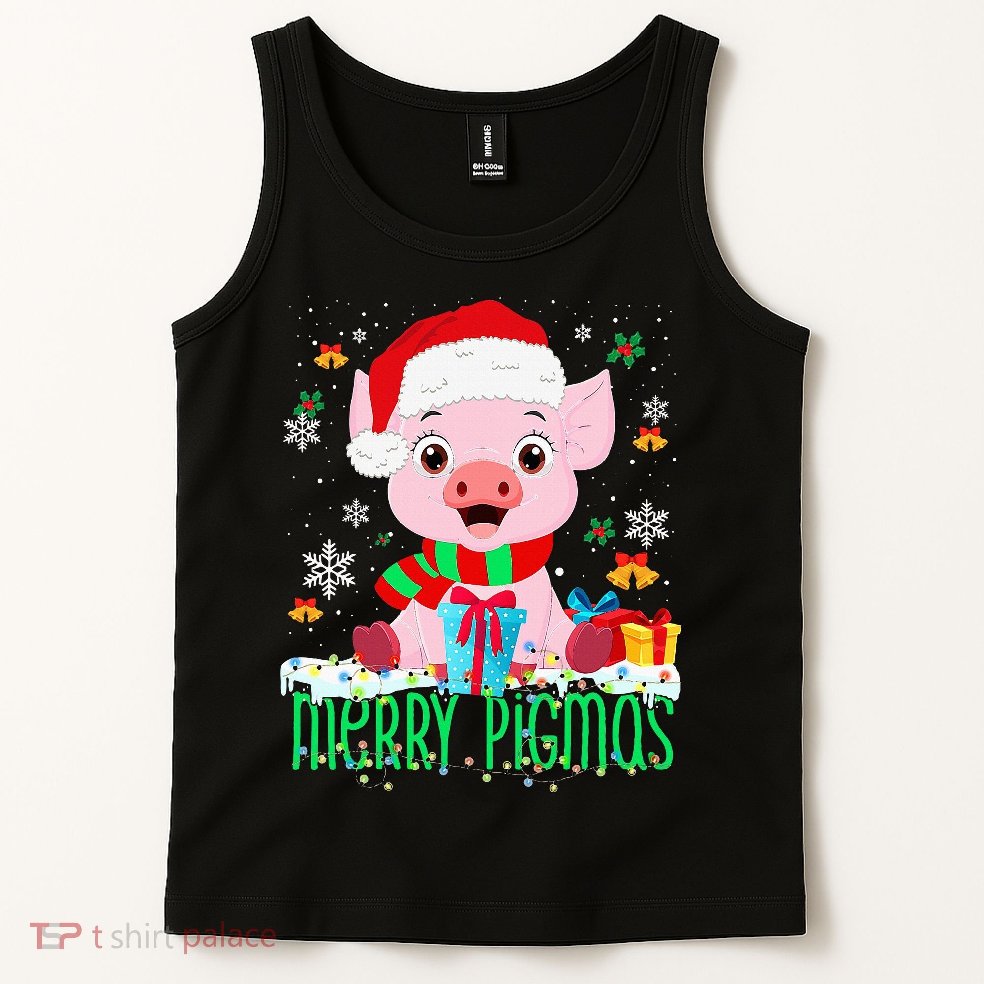 Merry Pigmas Pig Christmas Santa Hat Funny Xmas Light Farmer Tank Top
