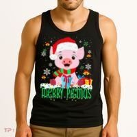 Merry Pigmas Pig Christmas Santa Hat Funny Xmas Light Farmer Tank Top thumb 3