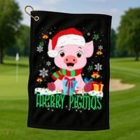 Merry Pigmas Pig Christmas Santa Hat Funny Xmas Light Farmer Golf Towel thumb 1