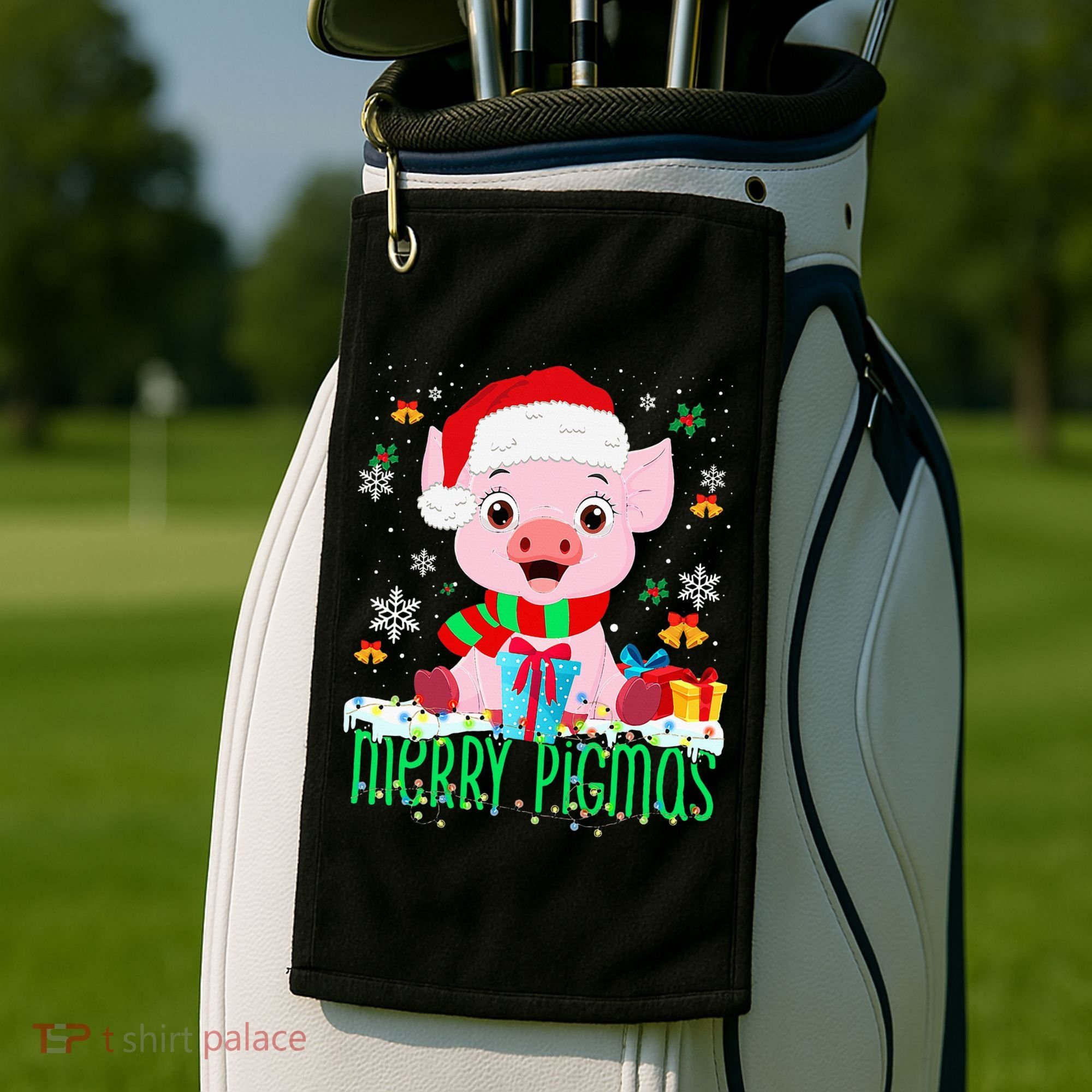 Merry Pigmas Pig Christmas Santa Hat Funny Xmas Light Farmer Golf Towel