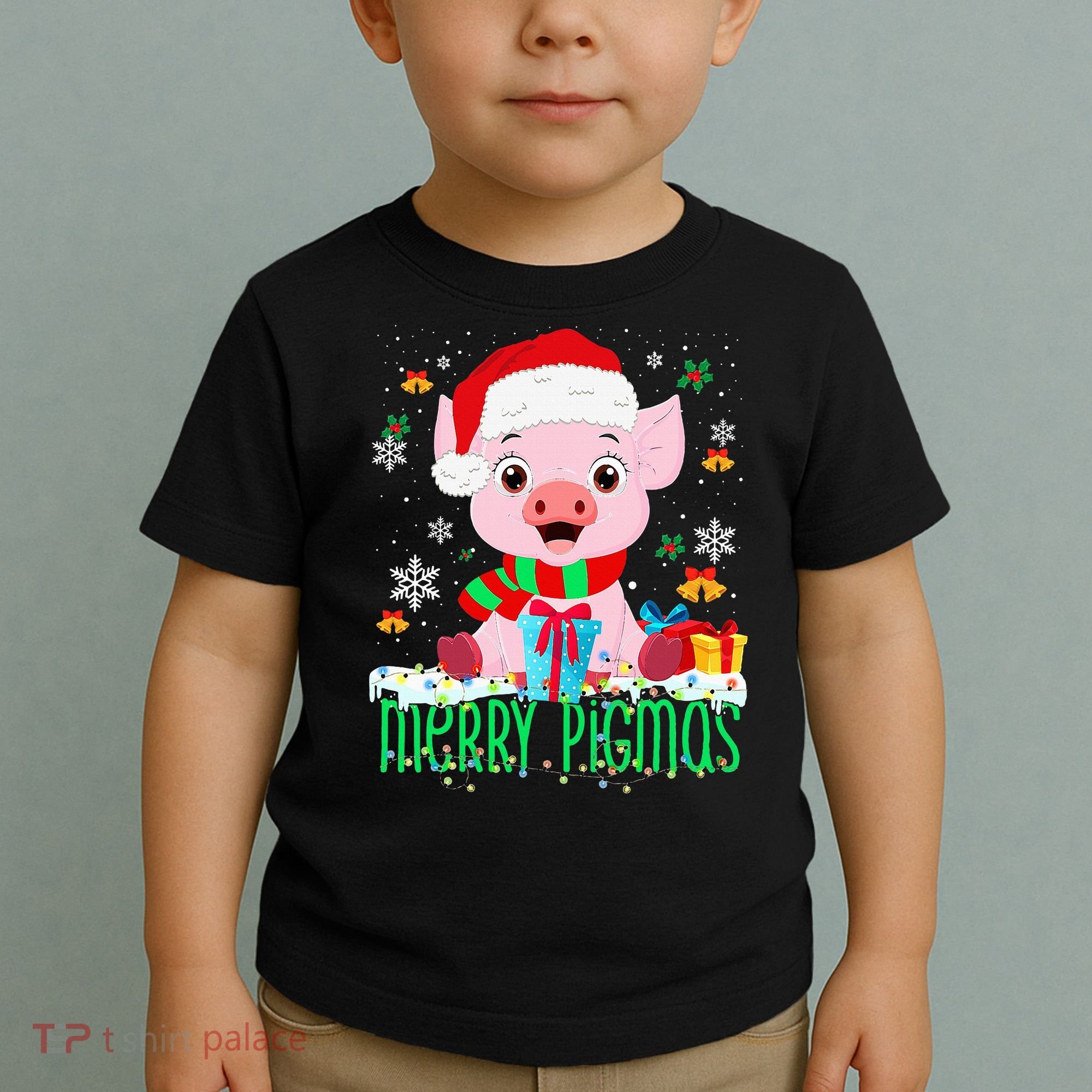 Merry Pigmas Pig Christmas Santa Hat Funny Xmas Light Farmer Toddler T-Shirt
