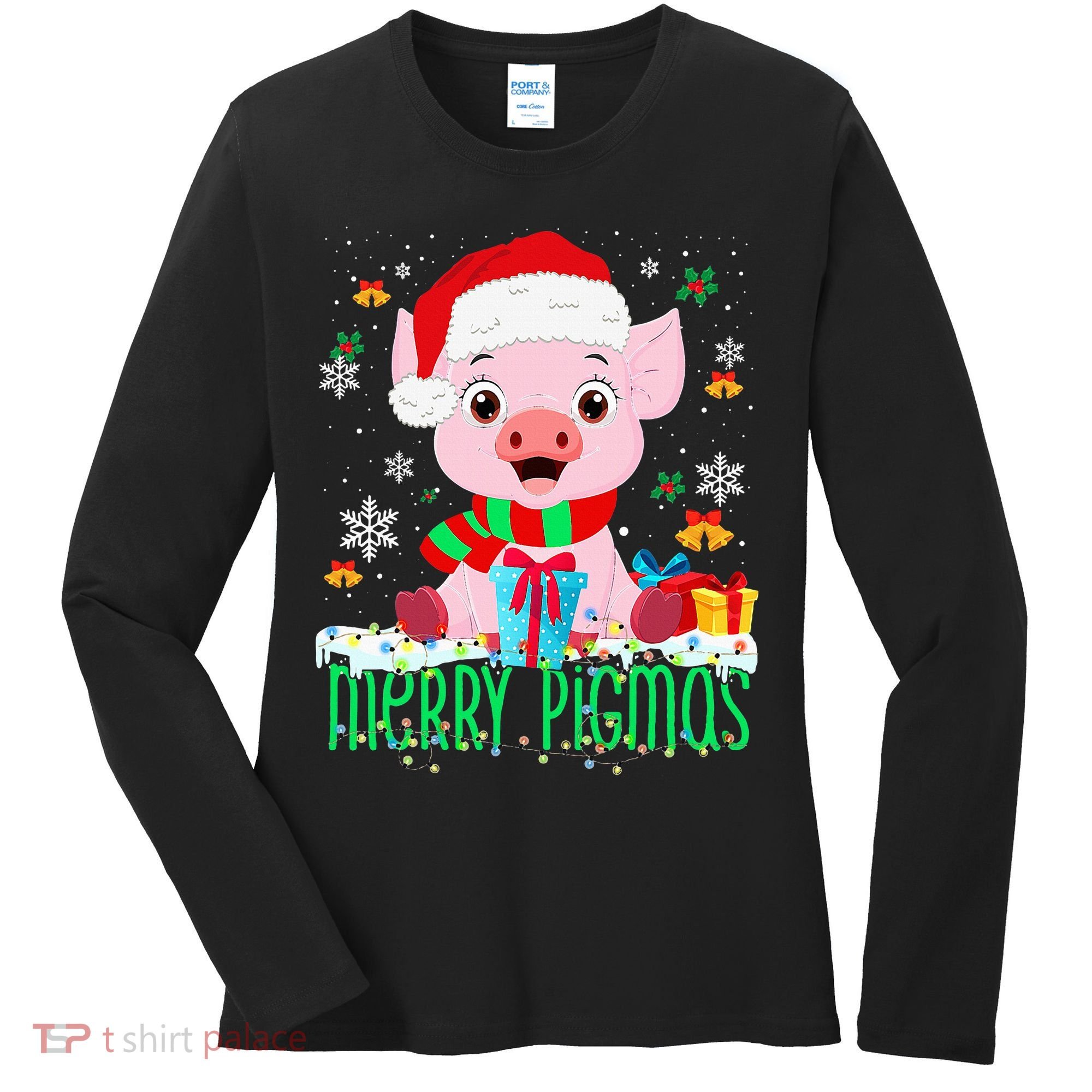 Merry Pigmas Pig Christmas Santa Hat Funny Xmas Light Farmer Women's Long Sleeve Shirt