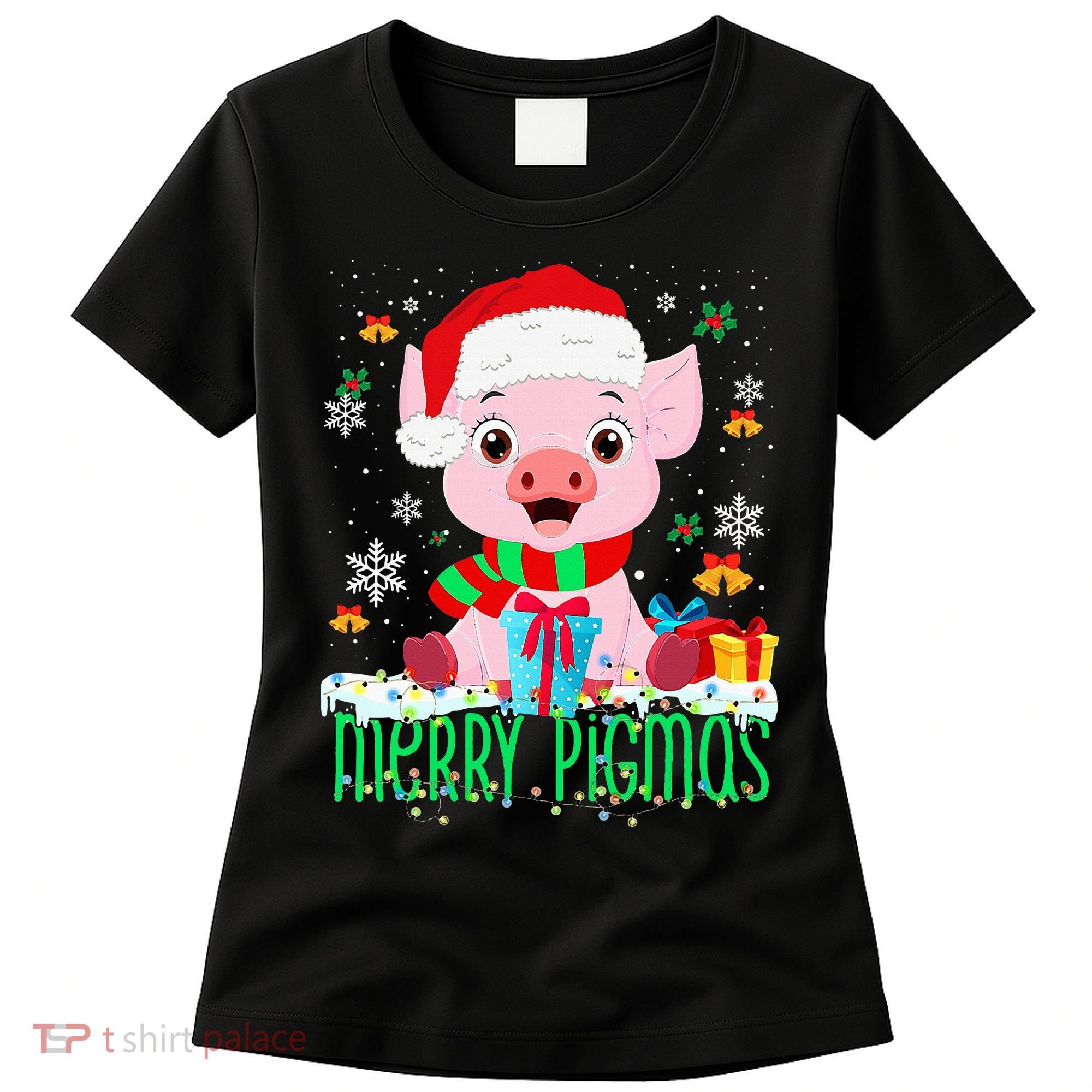 Merry Pigmas Pig Christmas Santa Hat Funny Xmas Light Farmer Women's T-Shirt