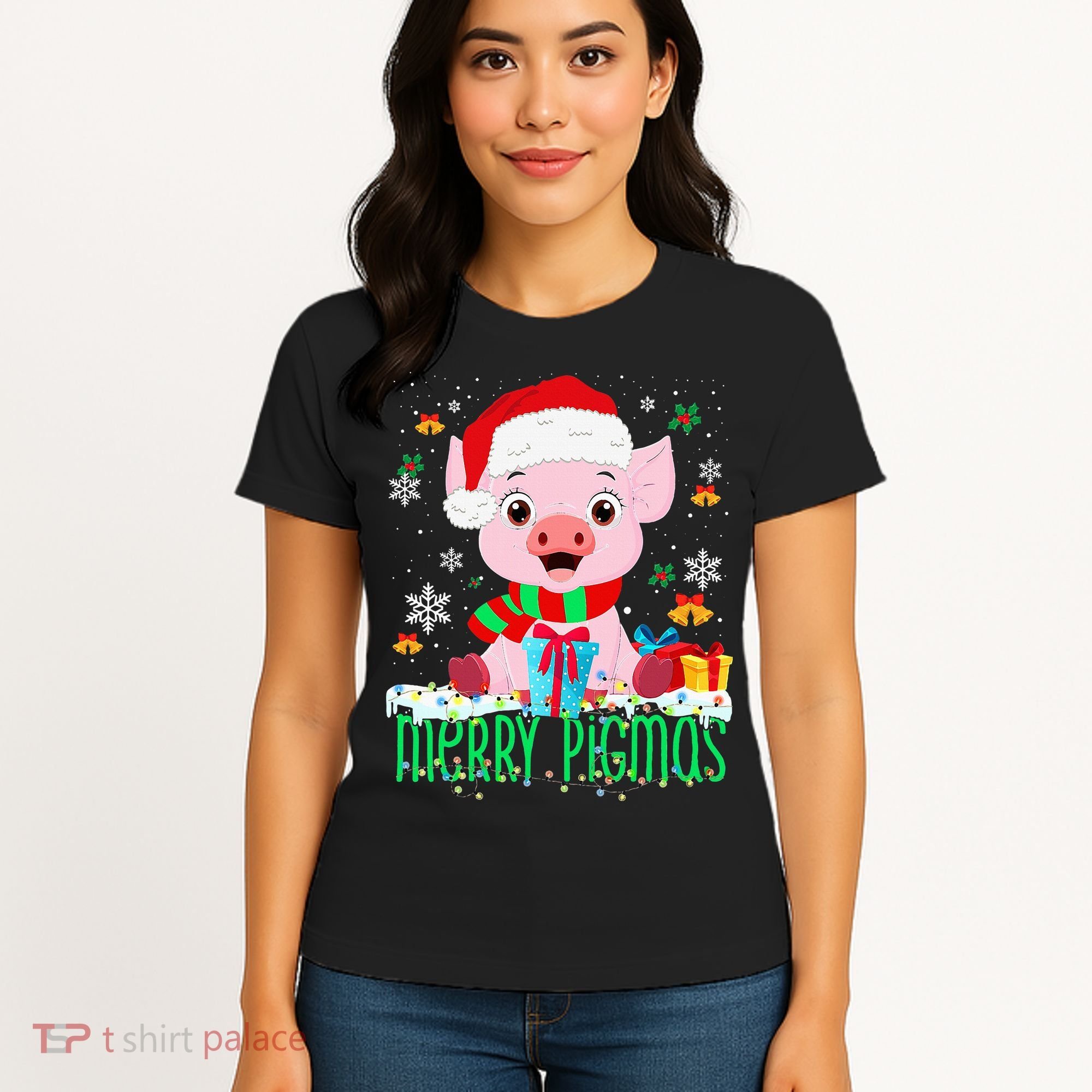 Merry Pigmas Pig Christmas Santa Hat Funny Xmas Light Farmer Women's T-Shirt