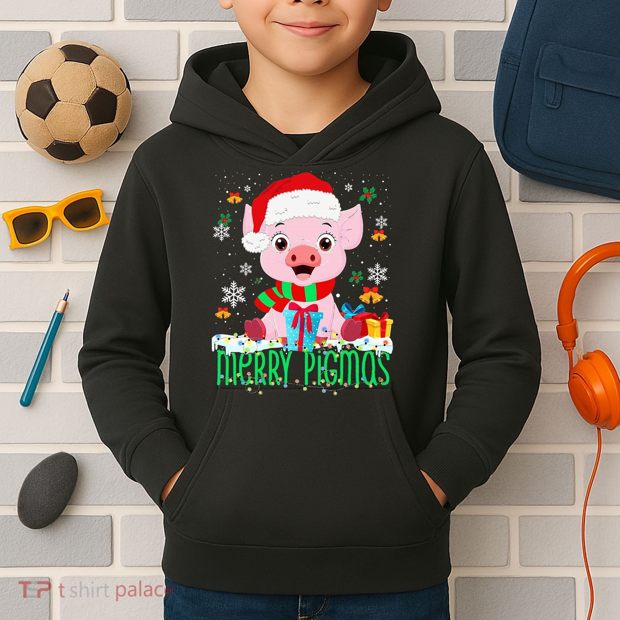 Merry Pigmas Pig Christmas Santa Hat Funny Xmas Light Farmer Kids Hoodie
