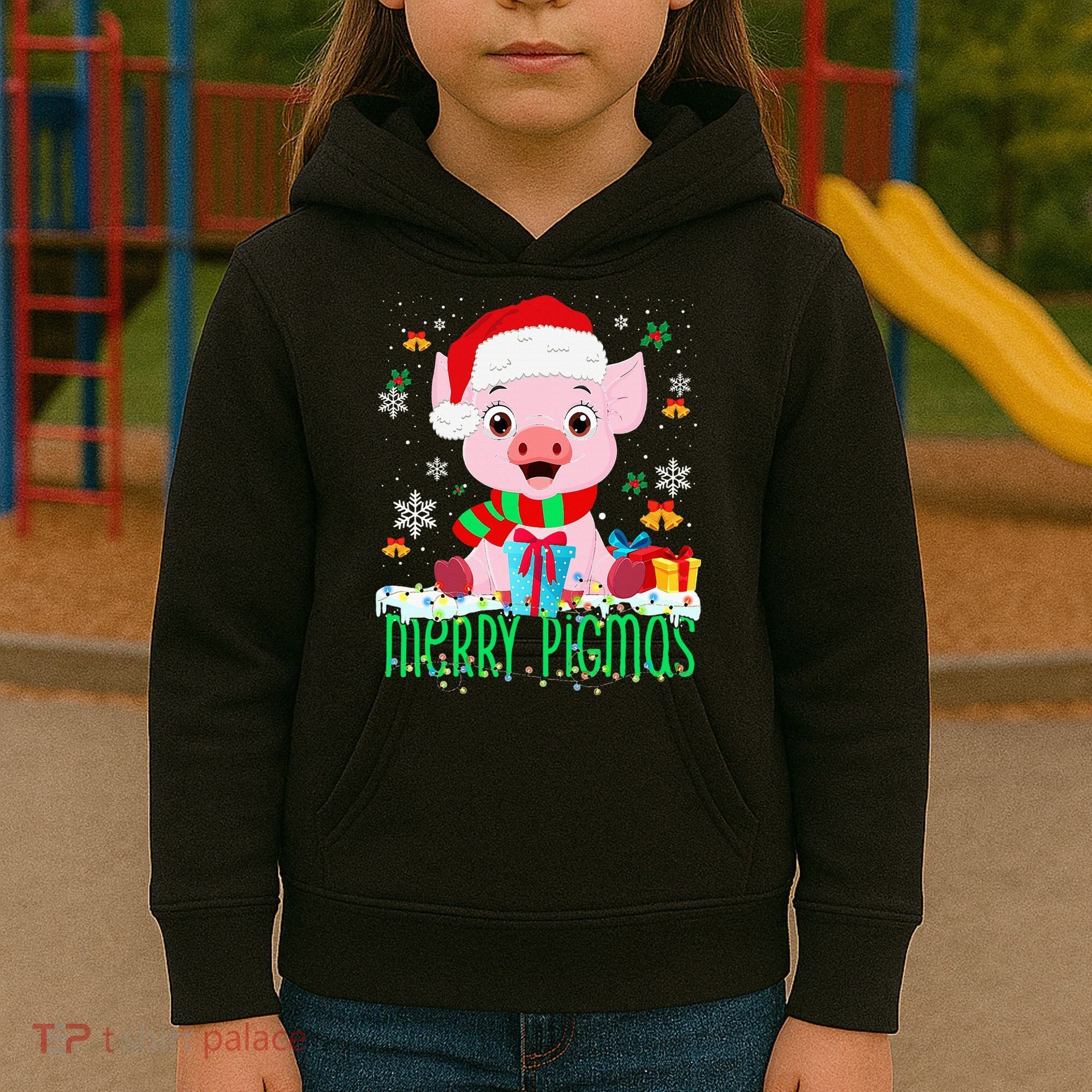 Merry Pigmas Pig Christmas Santa Hat Funny Xmas Light Farmer Kids Hoodie