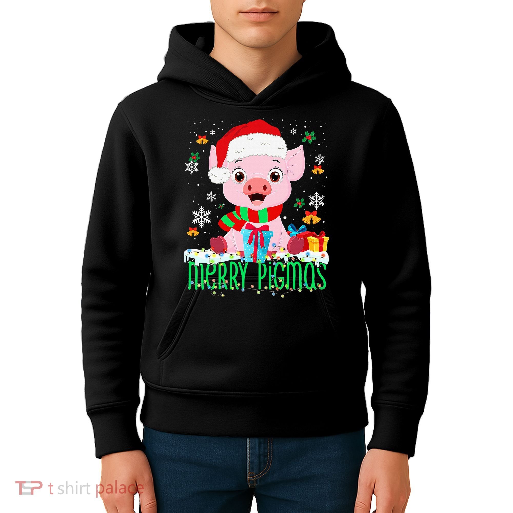 Merry Pigmas Pig Christmas Santa Hat Funny Xmas Light Farmer Kids Hoodie