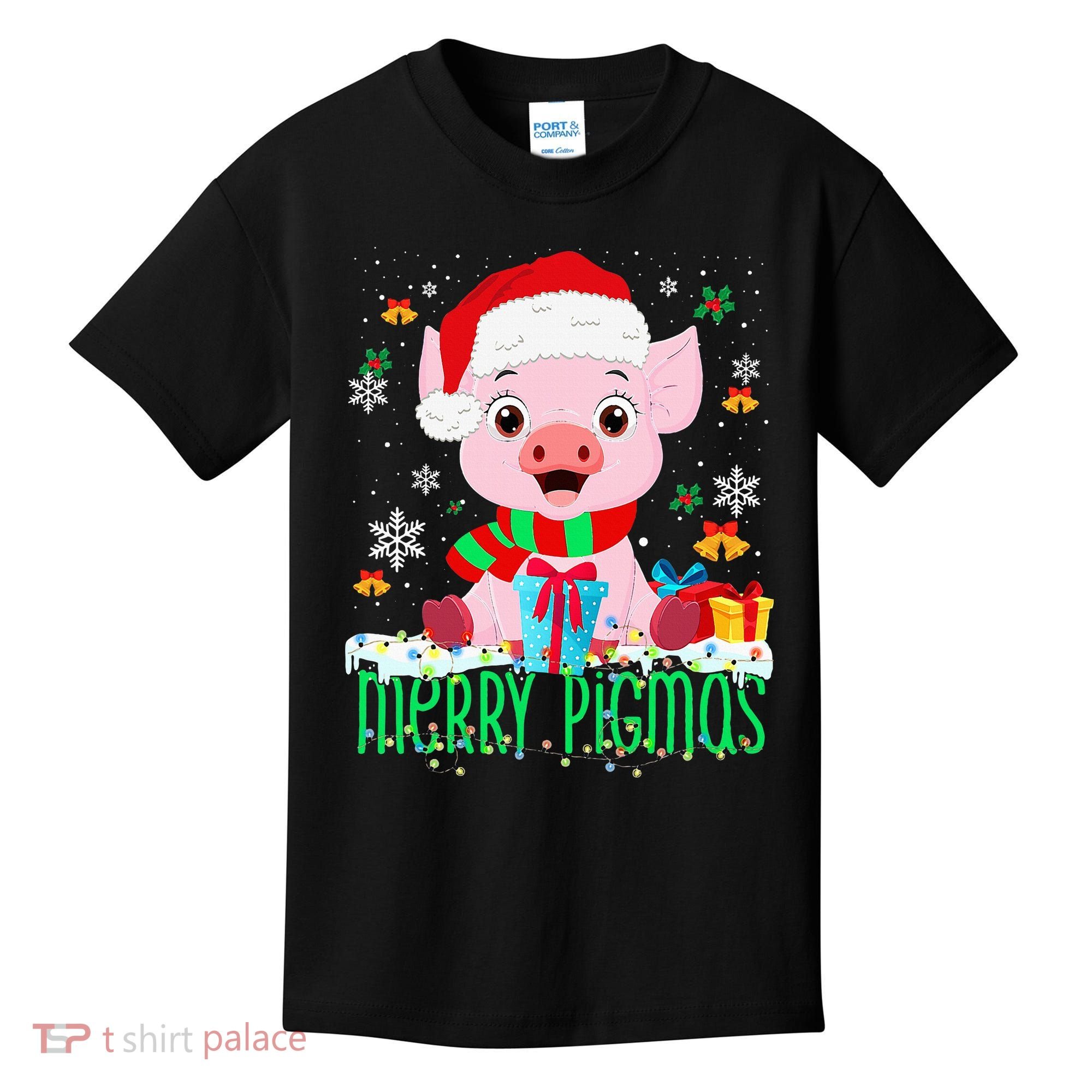 Merry Pigmas Pig Christmas Santa Hat Funny Xmas Light Farmer Kids T-Shirt
